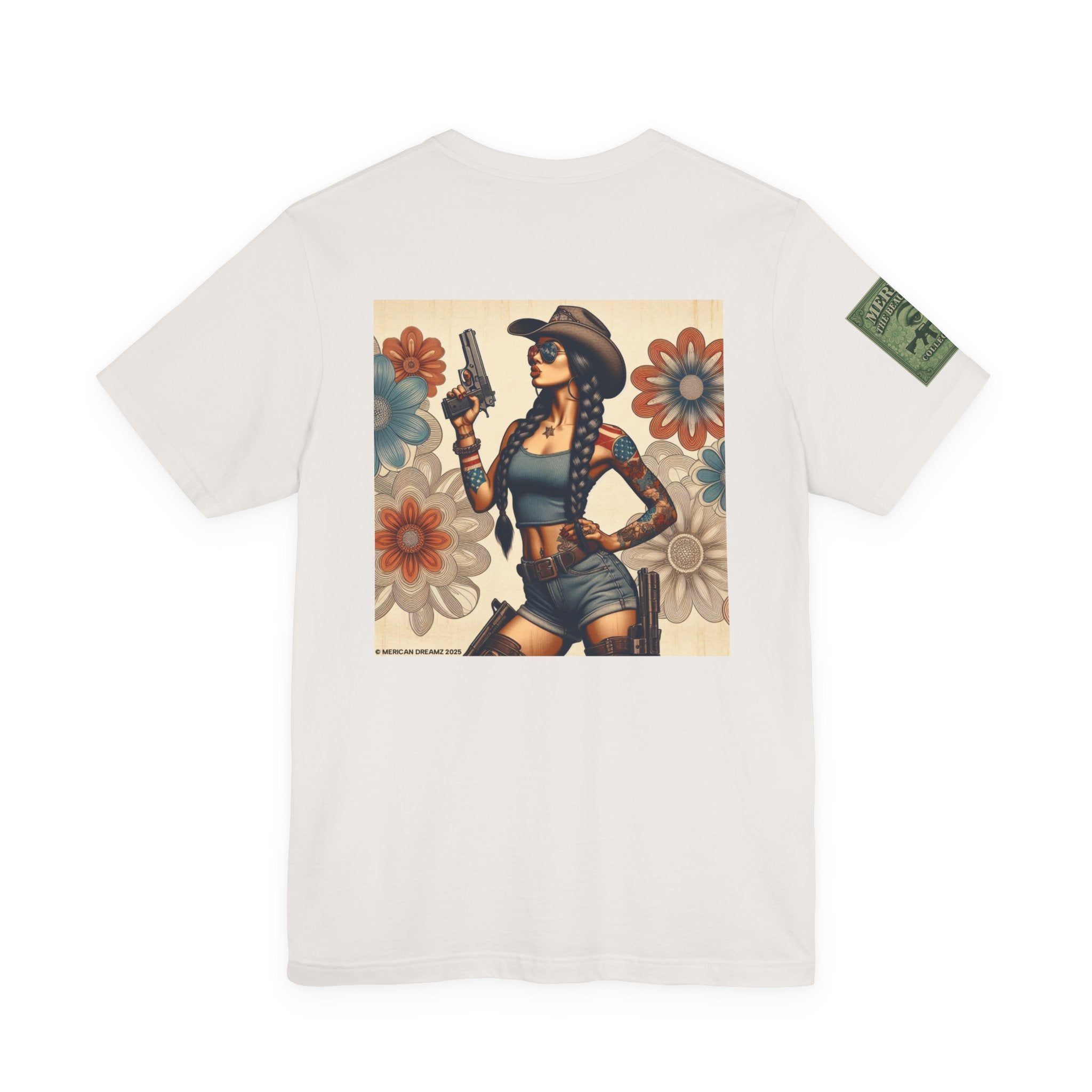 Graphic Short Sleeve Tee front and back — Retro Americana Pin-Up Cowgirls with 9mm Pistols