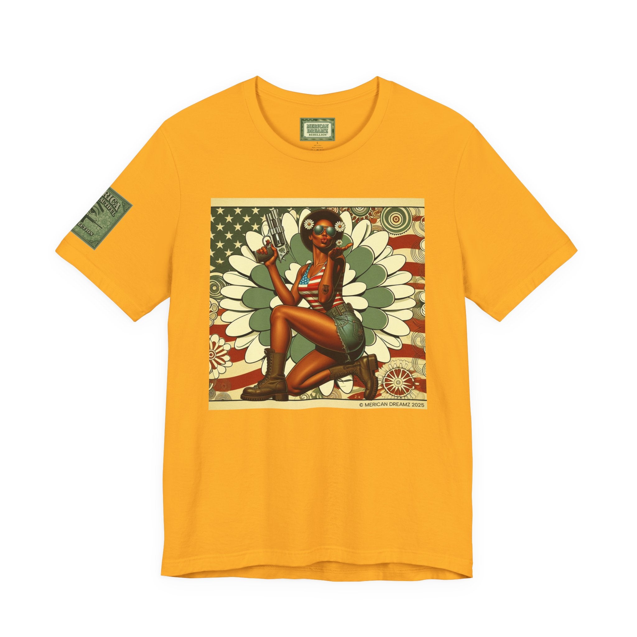 Graphic Short Sleeve Tee front and back — Retro Americana Pin-Up Cowgirls with .44 Magnum and AR-15