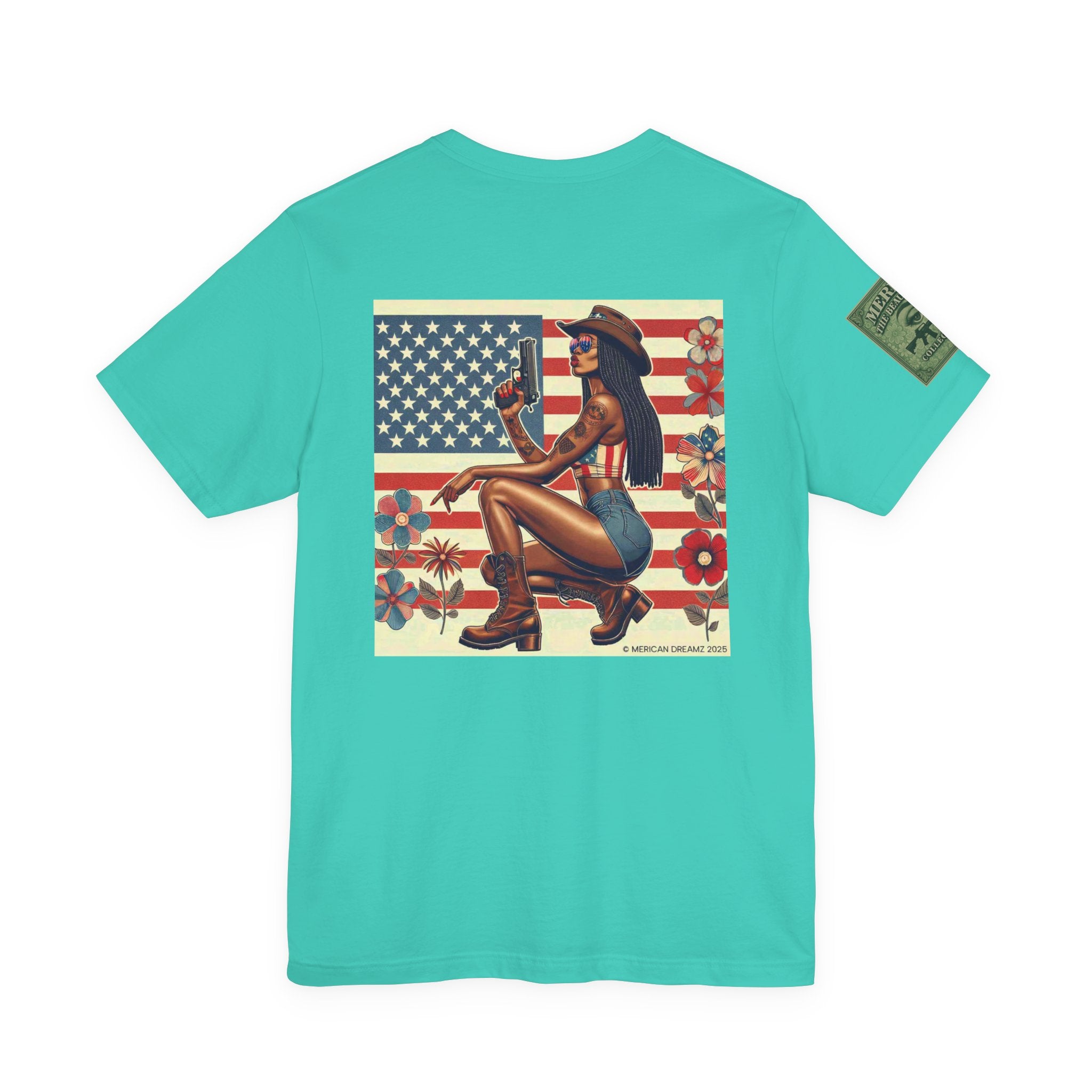 Graphic Short Sleeve Tee front and back — Retro Americana Pin-Up Cowgirls with 9mm Pistols