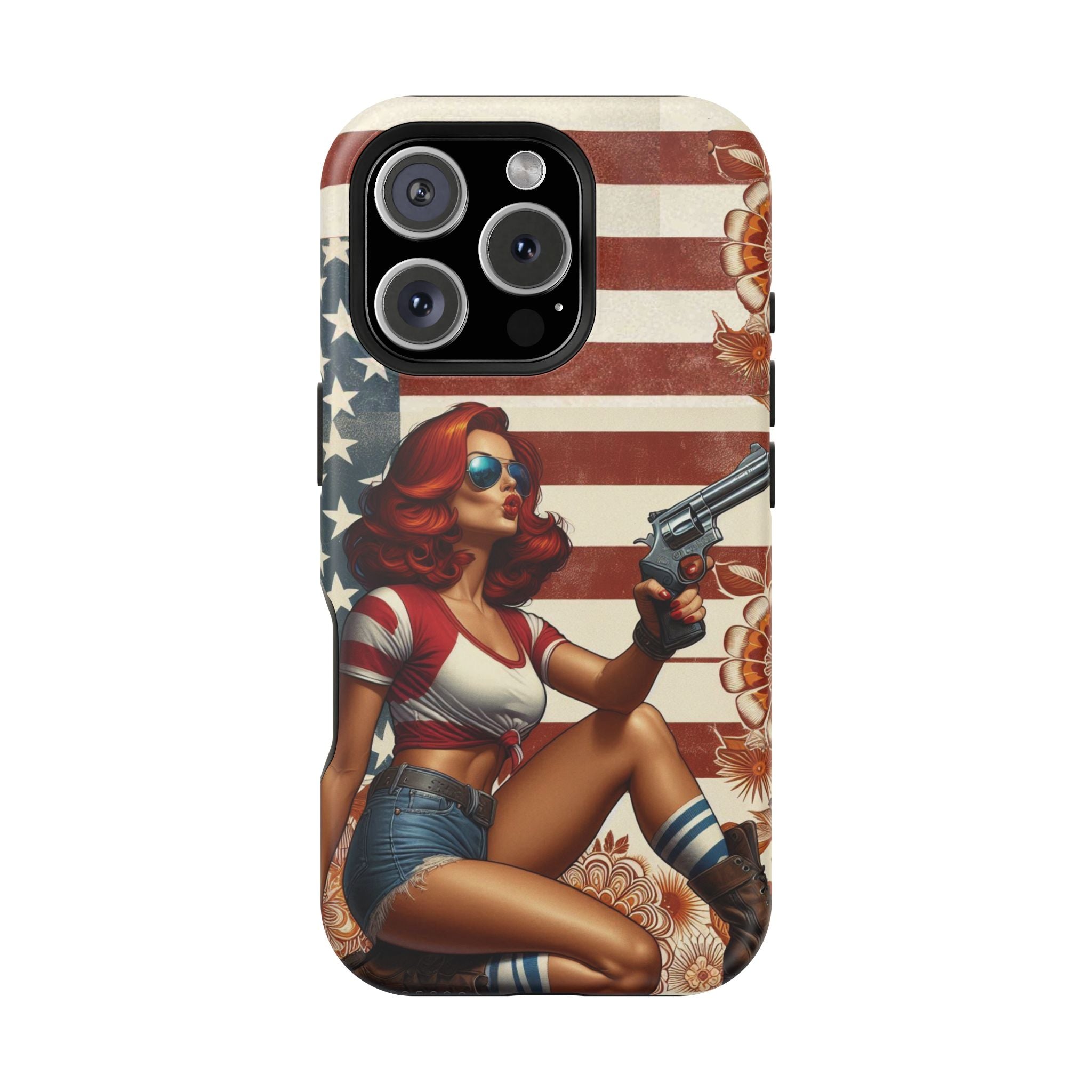 Americana .44 Magnum Pinup Girl - Magnetic Impact‑Resistant Phone Case  iPhone 13-17 / Samsung S26  MagSafe Compatible