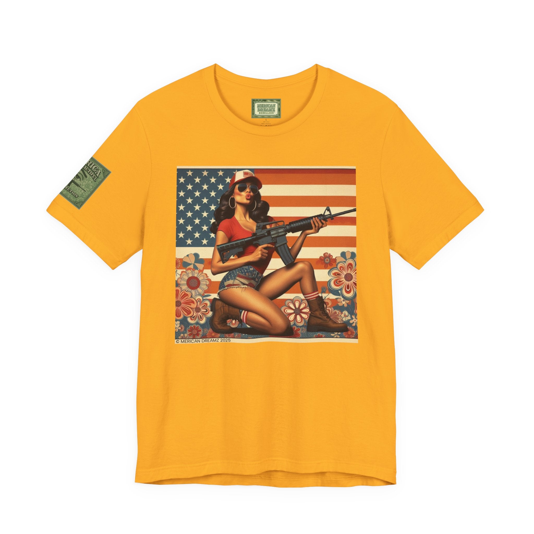 Graphic Short Sleeve Tee front and back — Retro Americana Pin-Up Girls with AR-15 Rifles