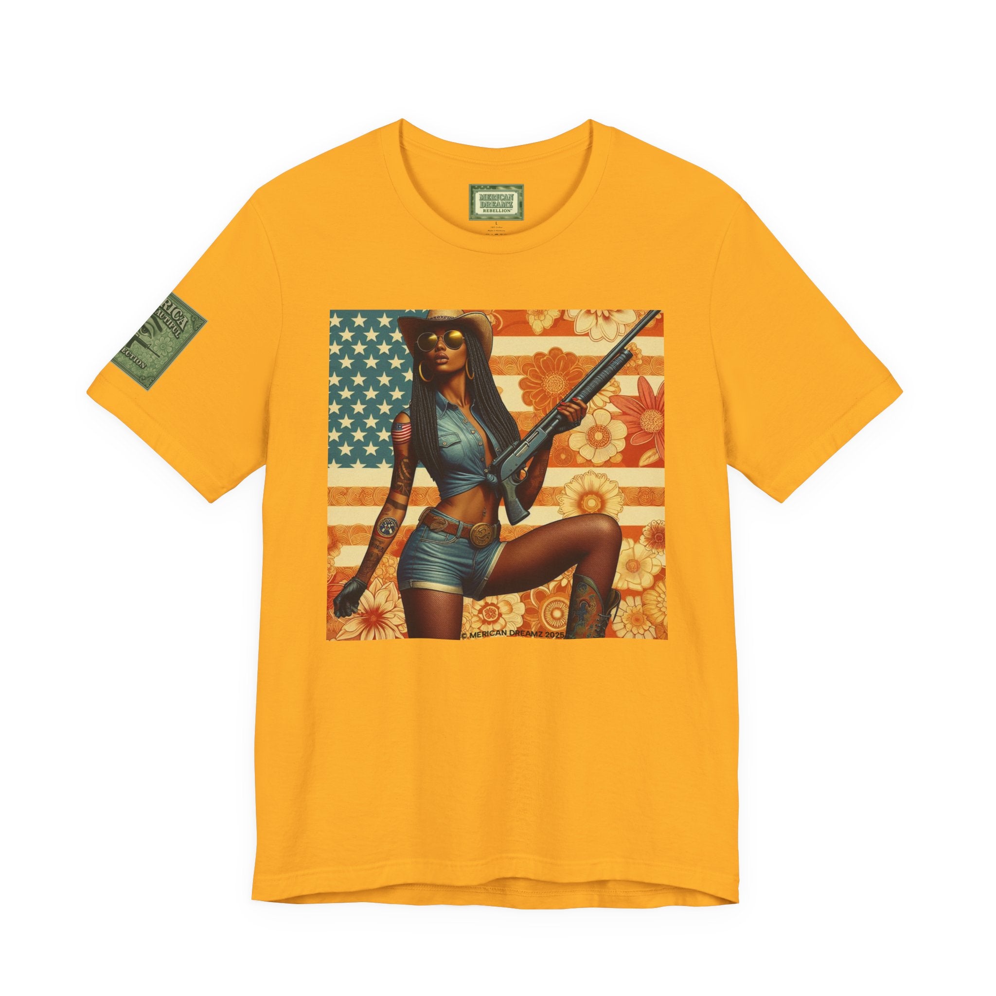 Graphic Short Sleeve Tee front and back — Retro Americana Pin-Up Cowgirls with 12 Gauge Shotguns