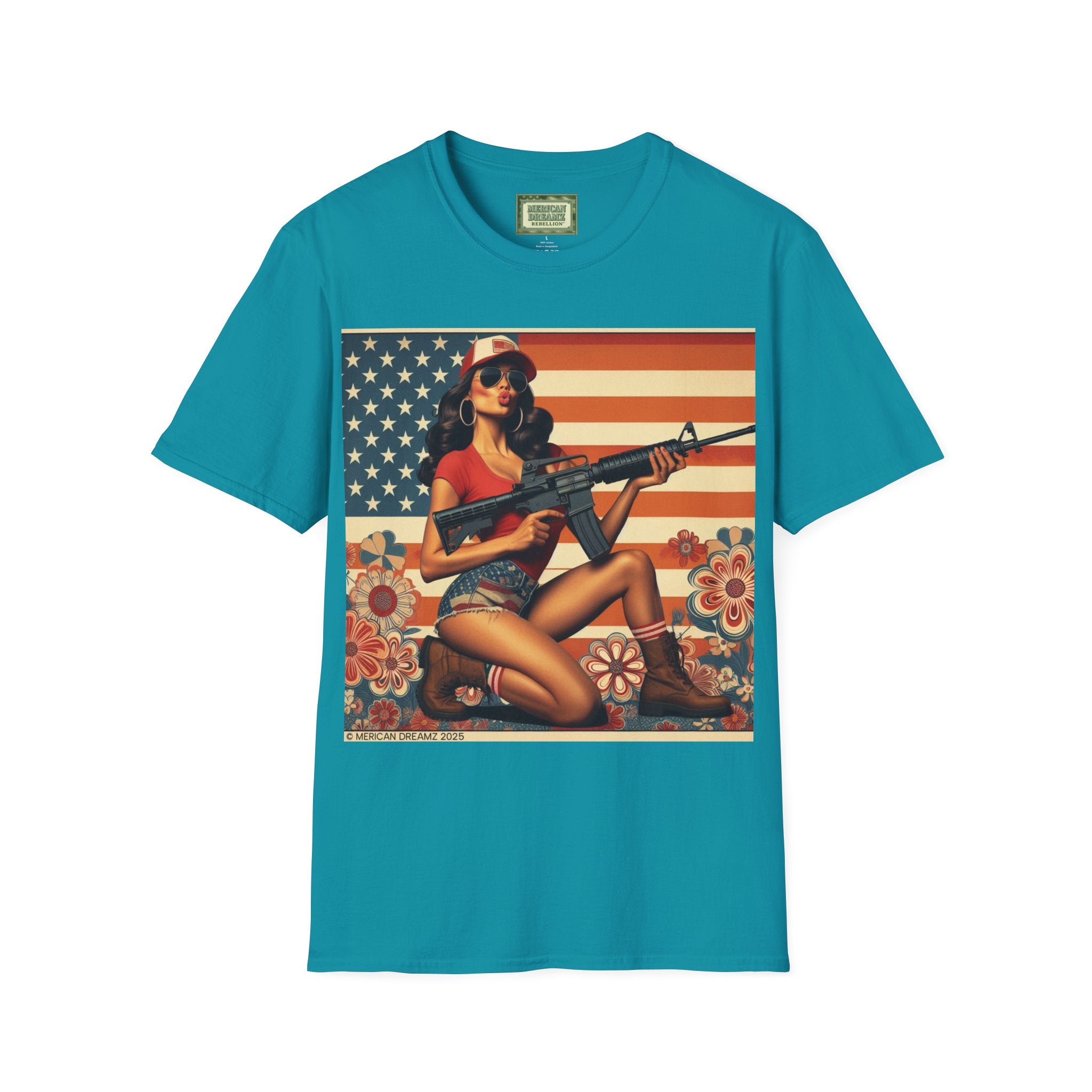 Graphic T-Shirt — Patriotic Pinup Girl with Rifle Vintage Flag Design (US Only)