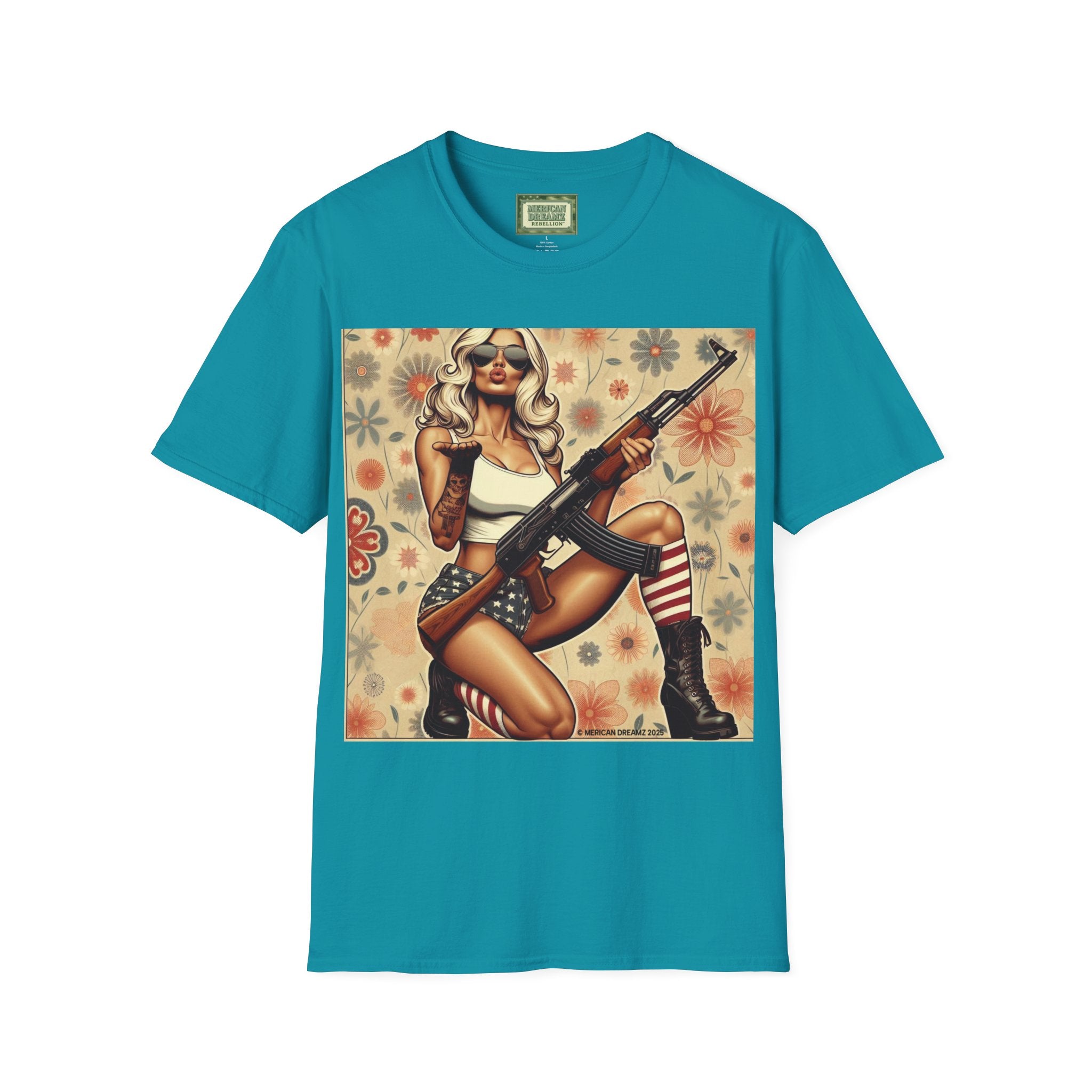 Graphic T-Shirt — Patriotic Pinup Girl with Rifle Vintage Flag Design (US Only)