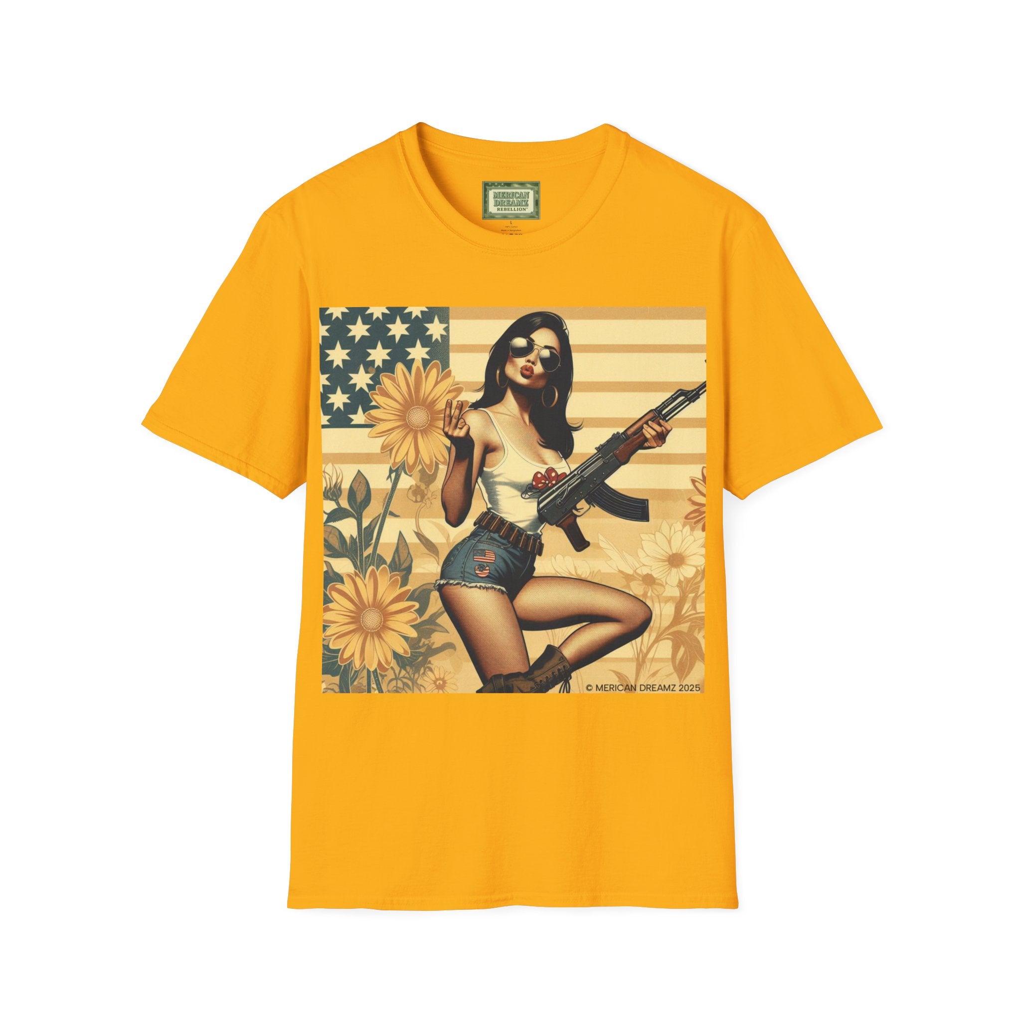 Graphic T-Shirt — Patriotic Pinup Girl with Rifle Vintage Flag Design (US Only)