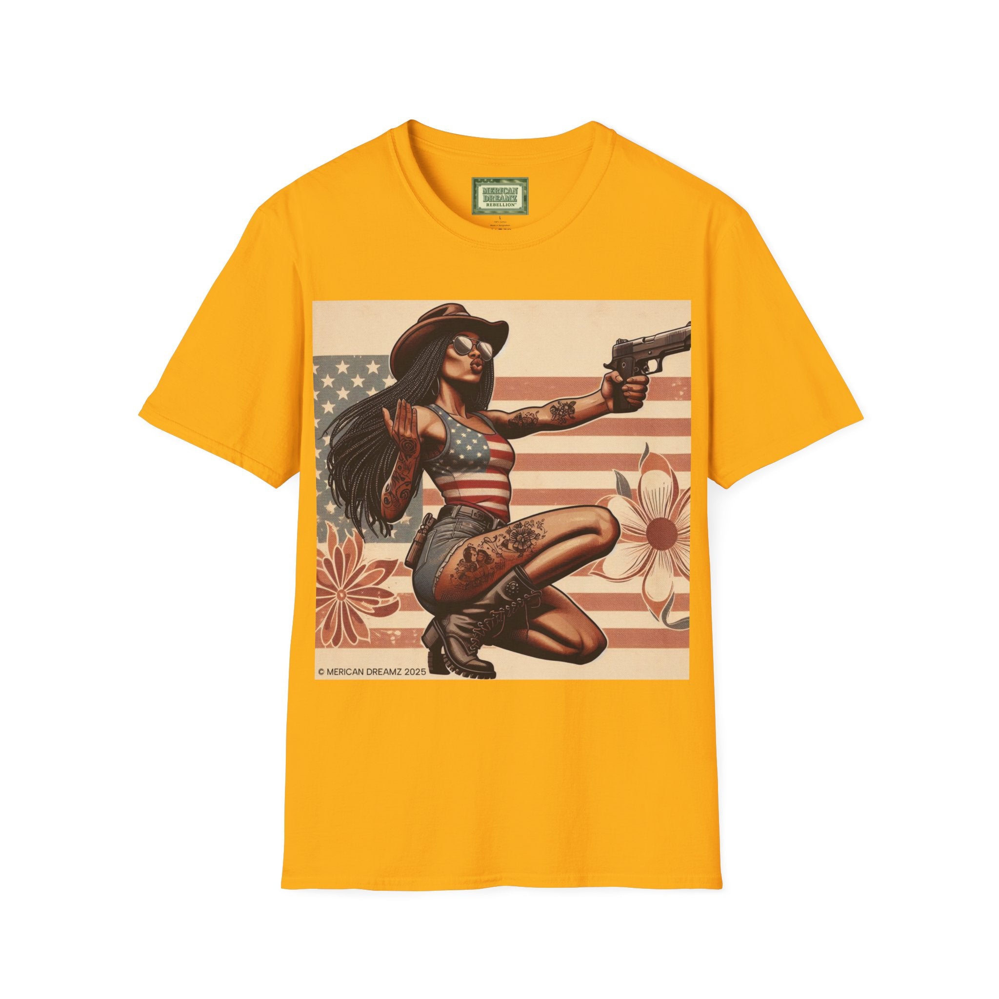 Pin-Up Americana T-Shirt — Retro Floral Gun Cowgirl Vintage Style (US Only)