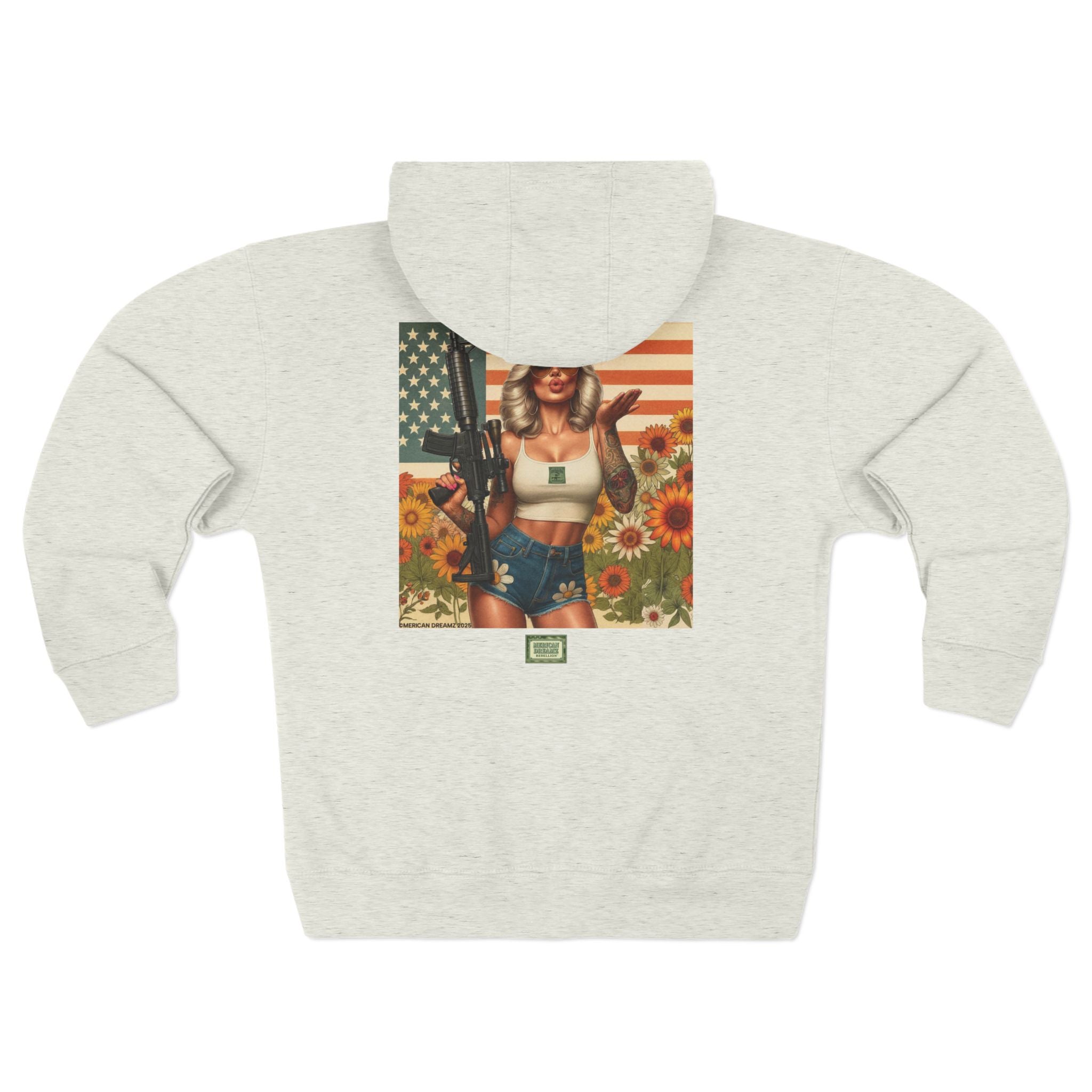 Americana Pinup girl with AR-15 Zip Hoodie — Retro Vintage Patriotic Graphic