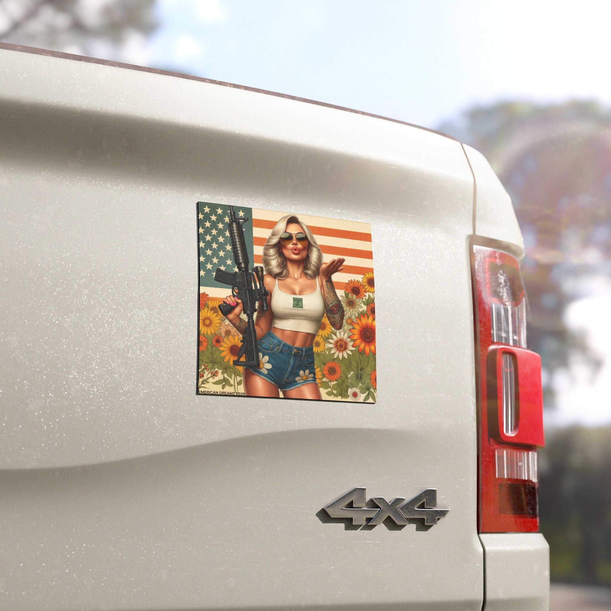 Car Magnet Patriotic Americana Cowgirl with Rifle | Square American Flag Vintage Floral