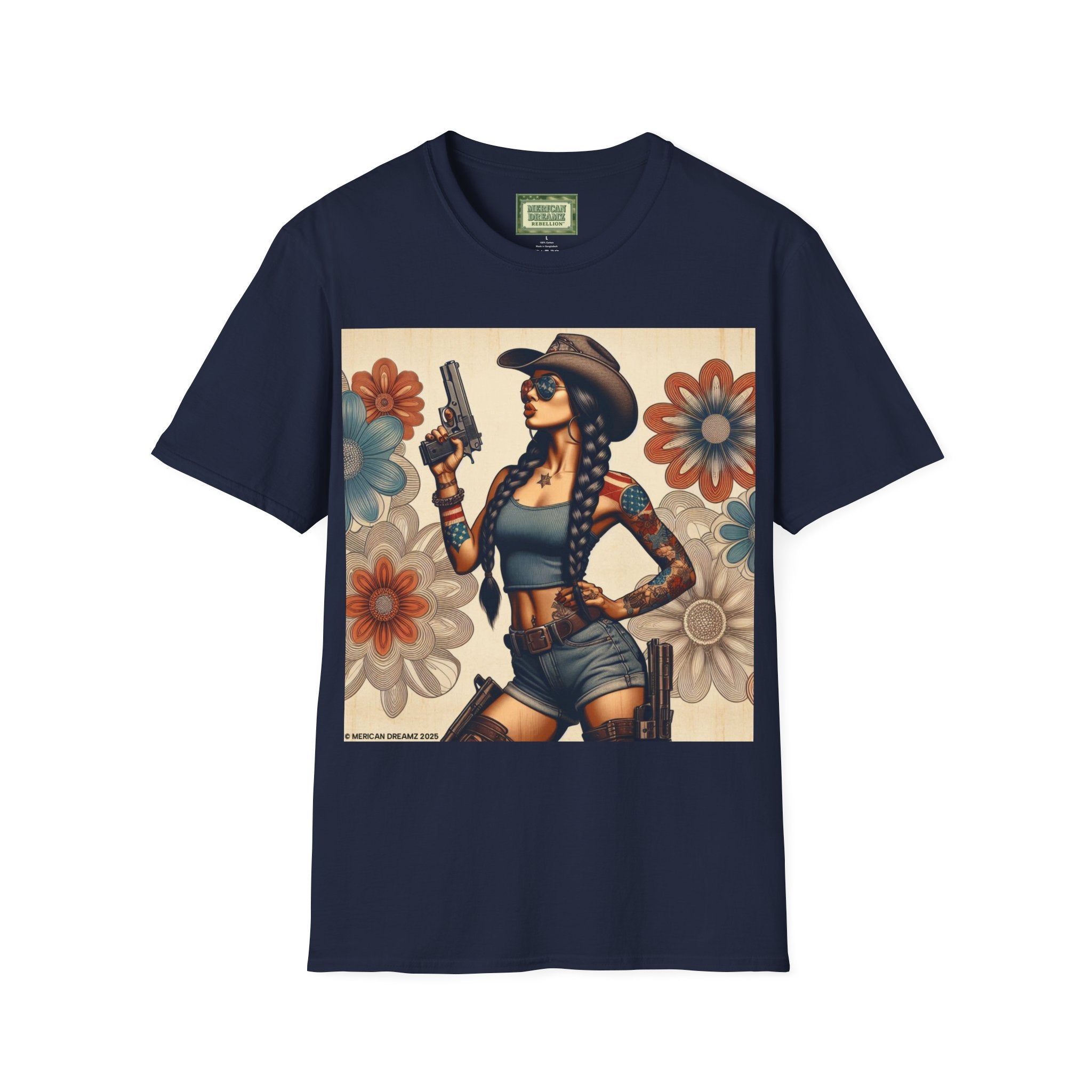 Pin-Up Americana T-Shirt — Retro Floral Gun Cowgirl Vintage Style (US Only)