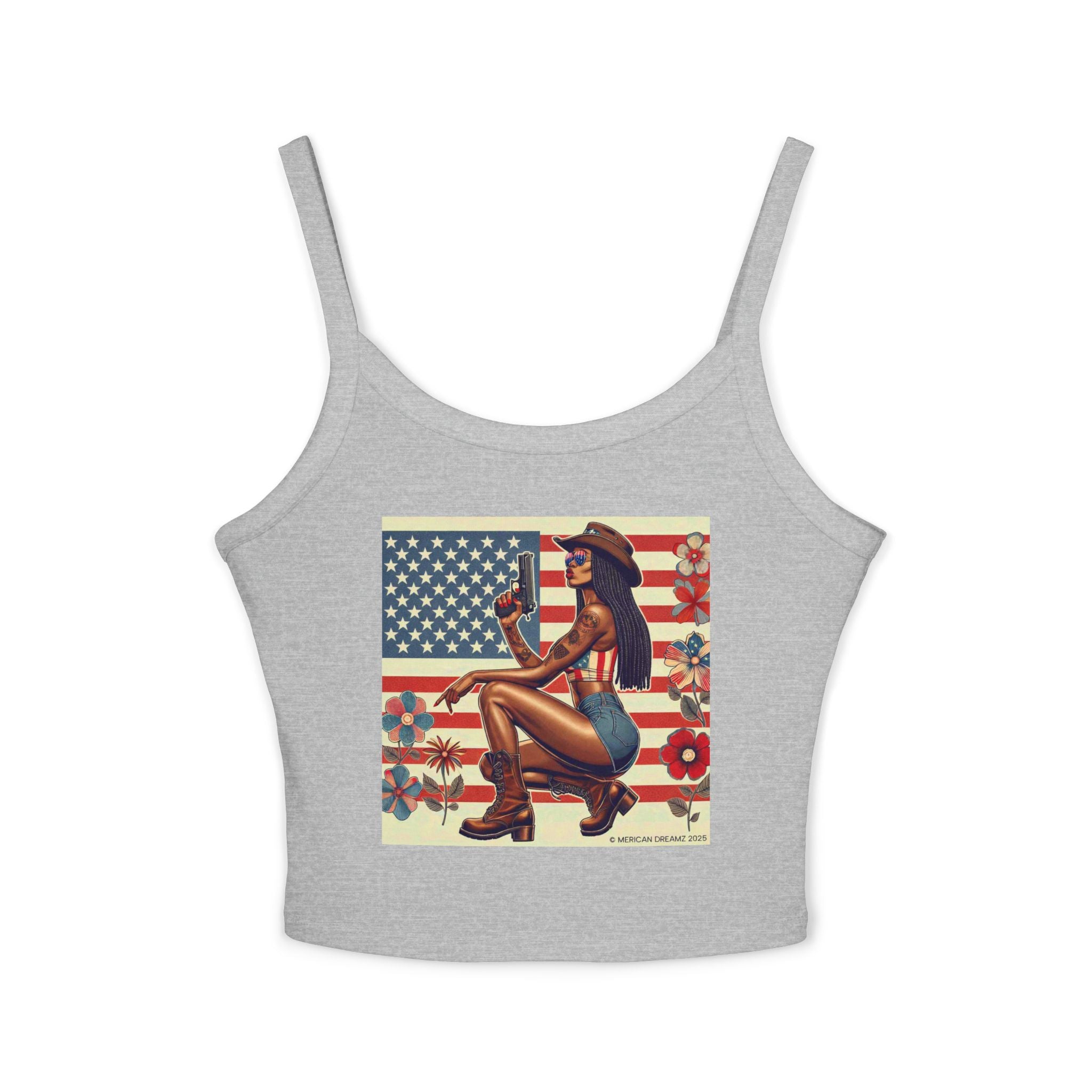 Retro Pinup Girl Tank Top — Vintage Flag & Floral Spaghetti Strap