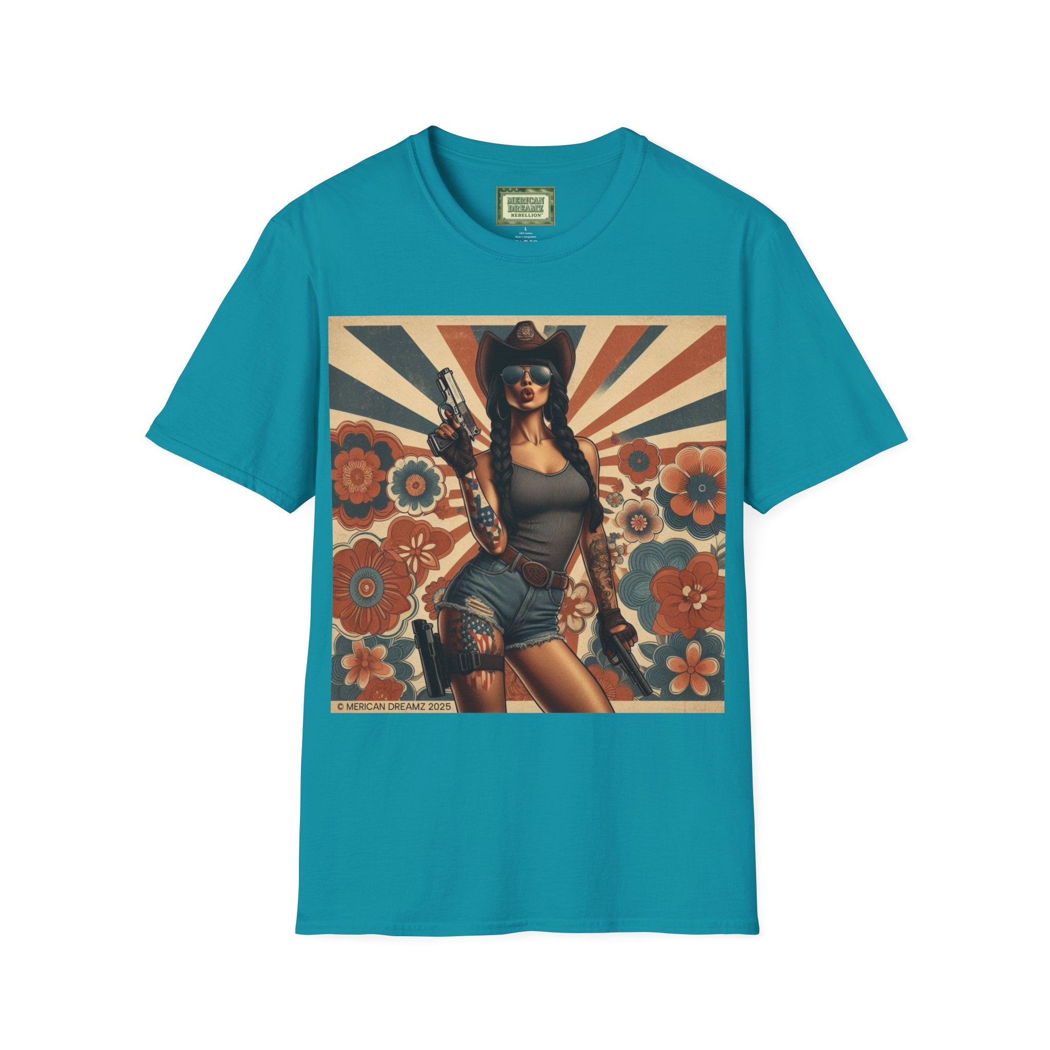Pin-Up Americana T-Shirt — Retro Floral Gun Cowgirl Vintage Style (US Only)