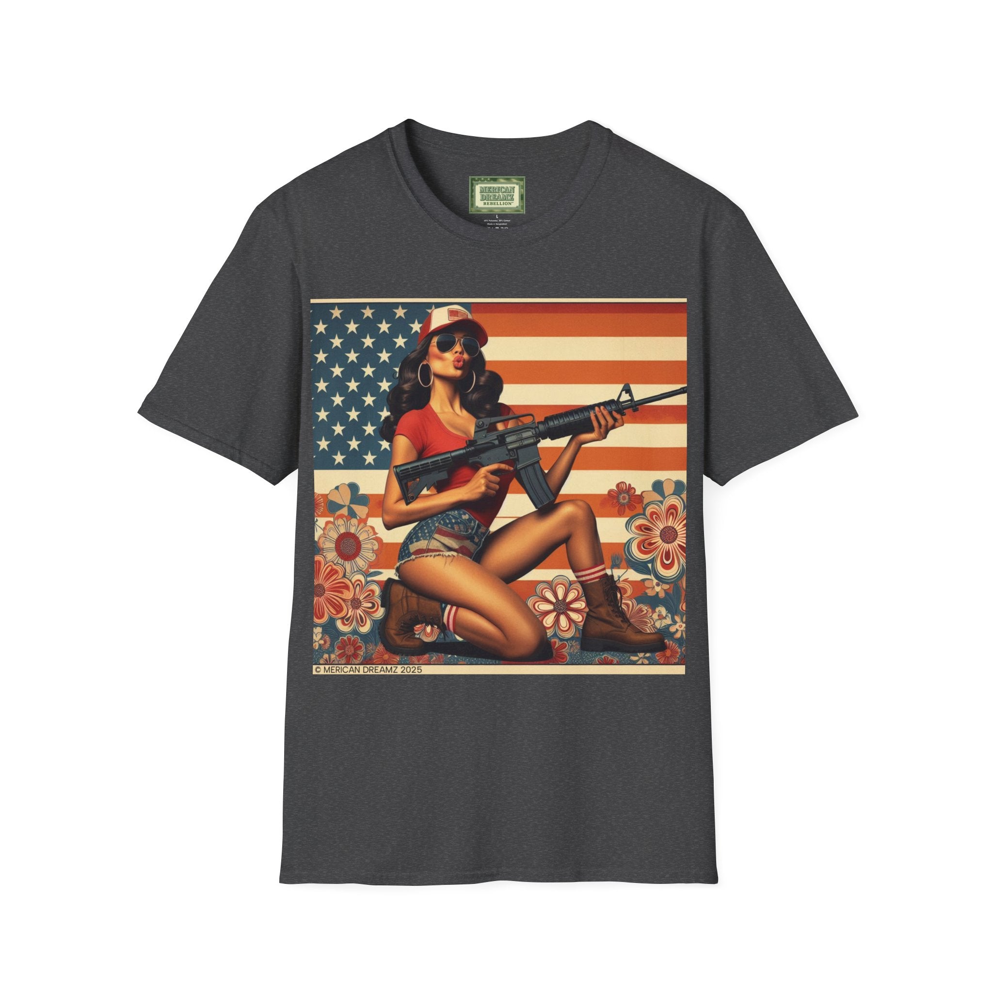 Graphic T-Shirt — Patriotic Pinup Girl with Rifle Vintage Flag Design (US Only)