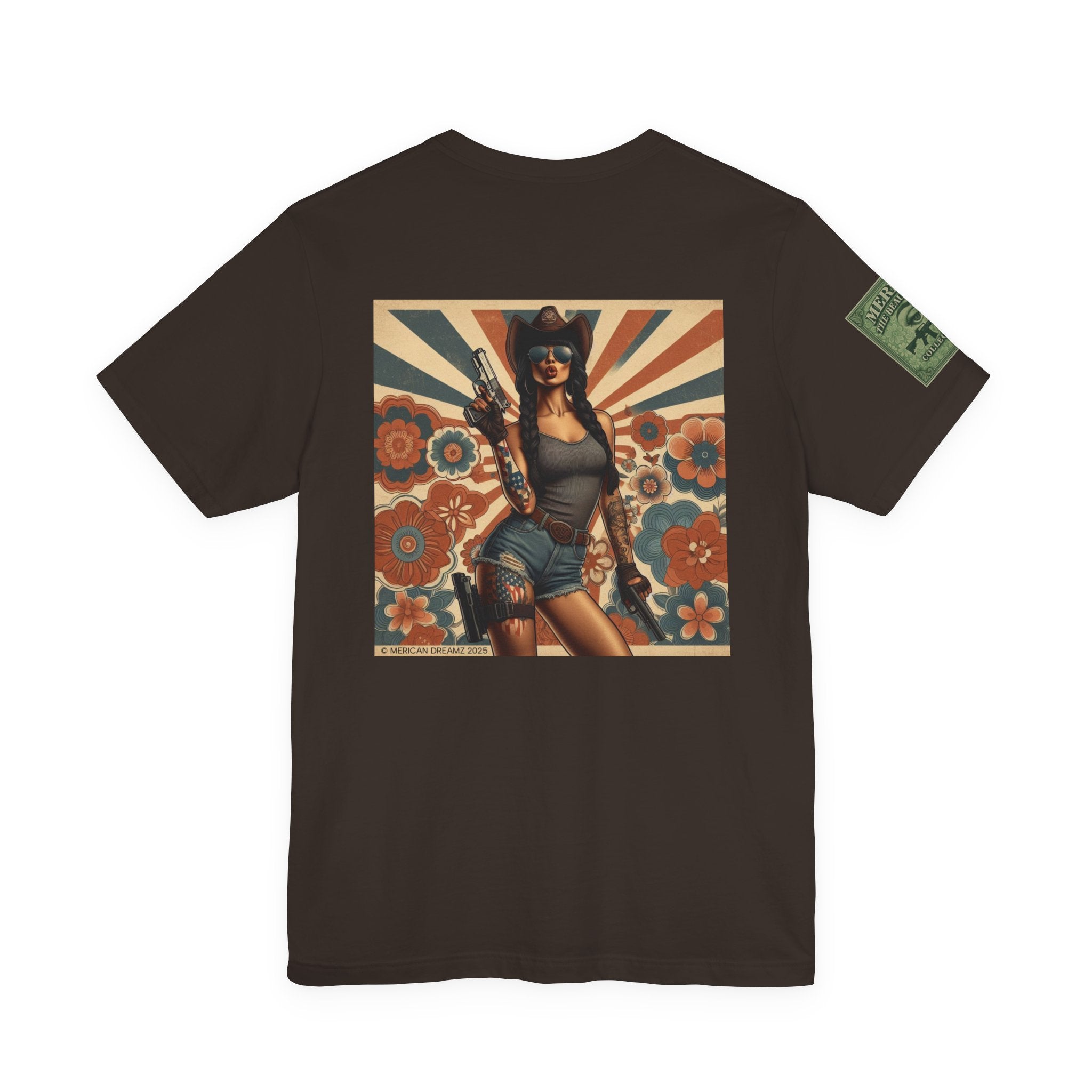 Graphic Short Sleeve Tee front and back — Retro Americana Pin-Up Cowgirls with 9mm Pistols