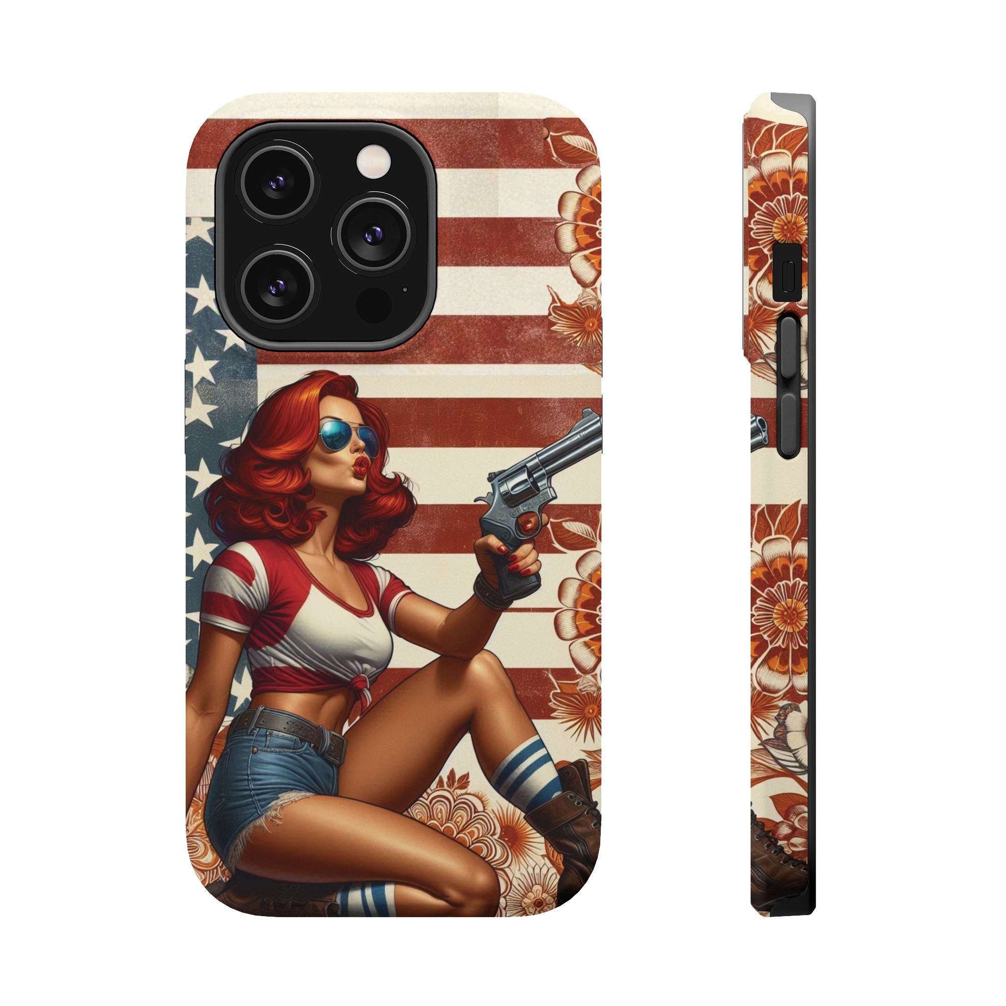Americana .44 Magnum Pinup Girl - Magnetic Impact‑Resistant Phone Case  iPhone 13-17 / Samsung S26  MagSafe Compatible