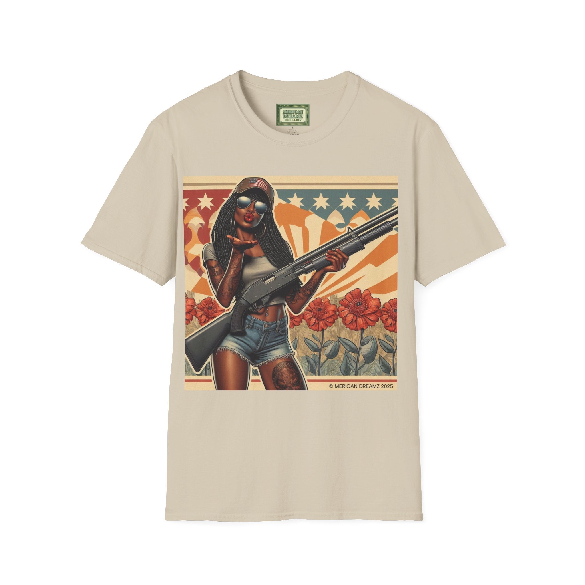 Graphic T-Shirt — Patriotic Pinup Girl with Shotgun Vintage Flag Design (US Only)