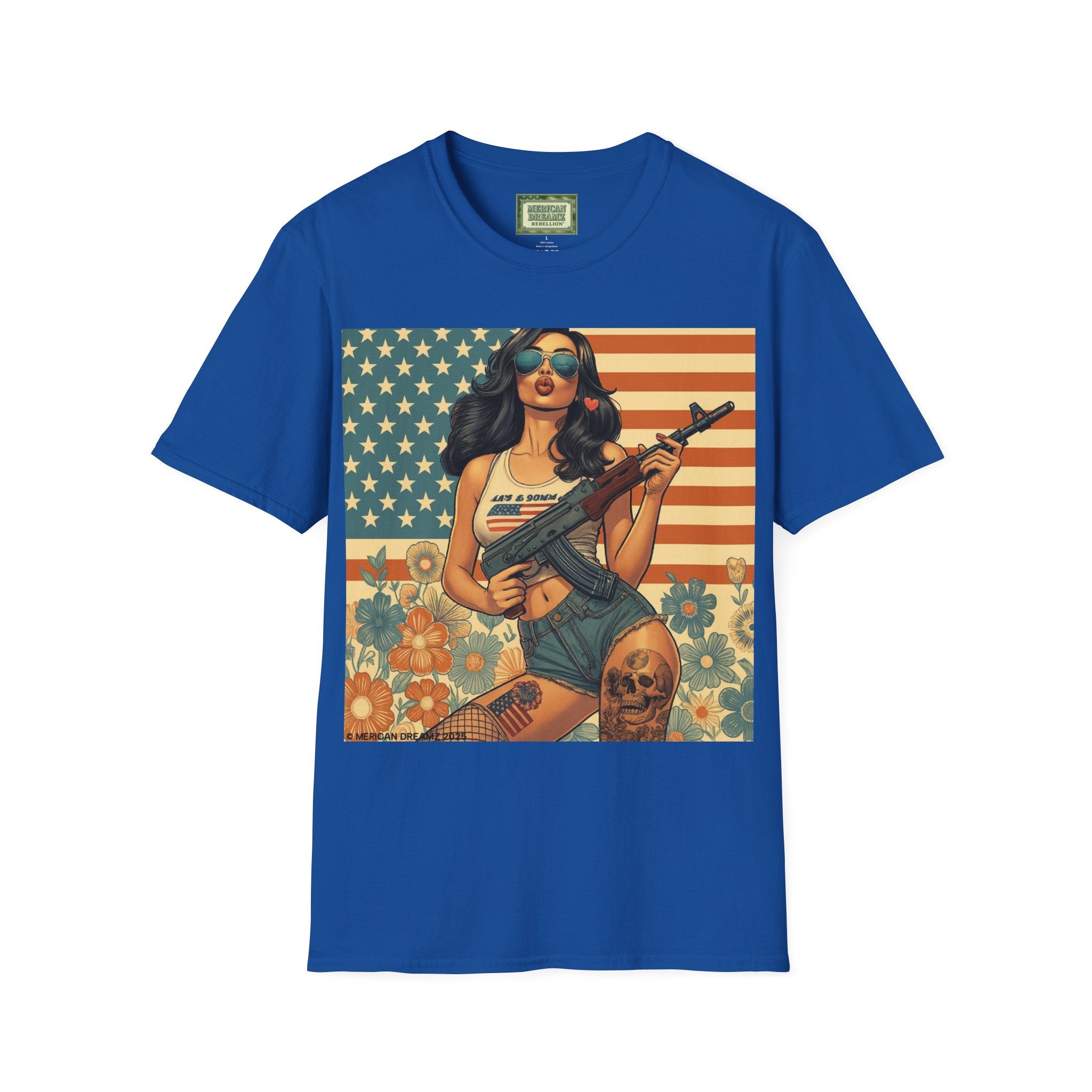 Graphic T-Shirt — Patriotic Pinup Girl with Rifle Vintage Flag Design (US Only)