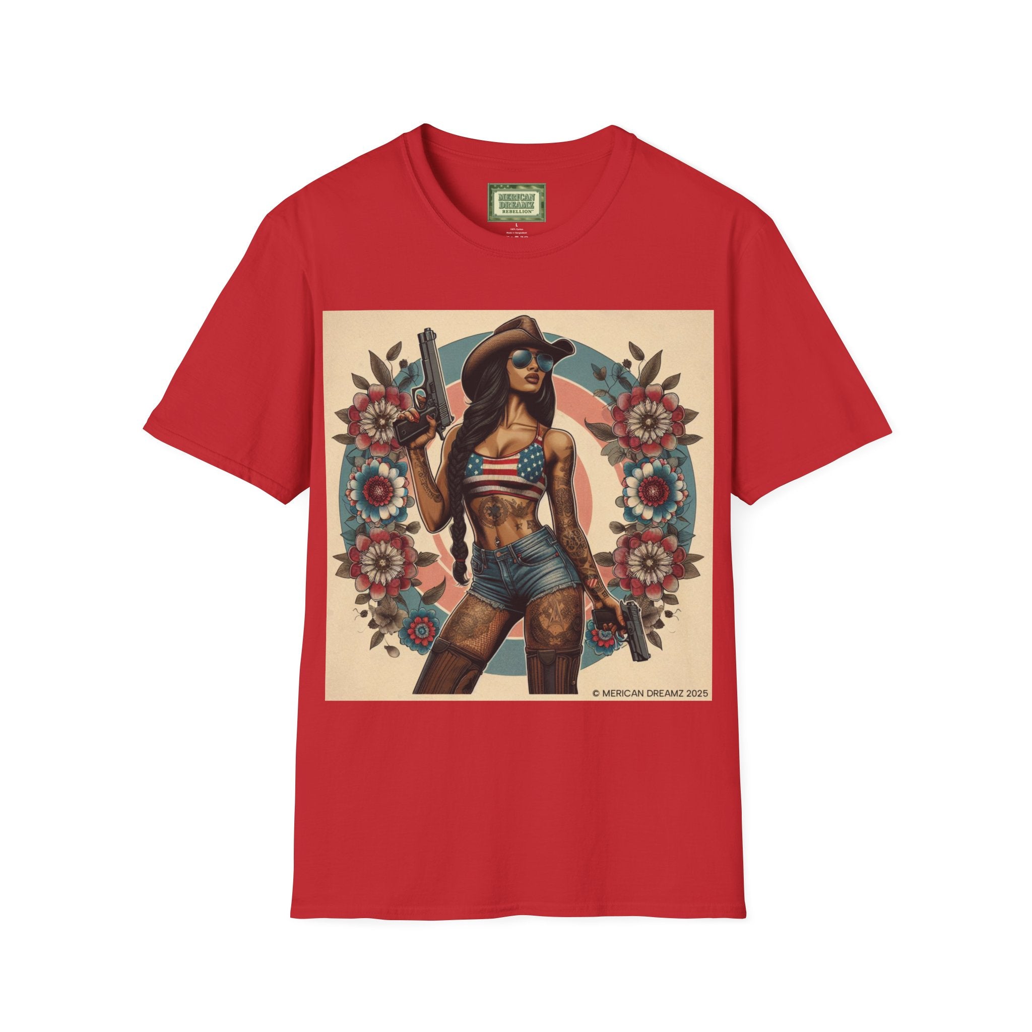 Pin-Up Americana T-Shirt — Retro Floral Gun Cowgirl Vintage Style (US Only)