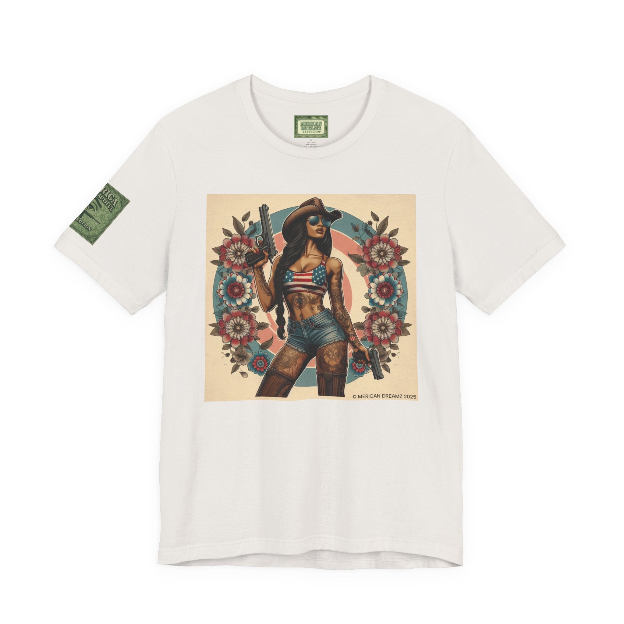 Graphic Short Sleeve Tee front and back — Retro Americana Pin-Up Cowgirls with 9mm Pistols