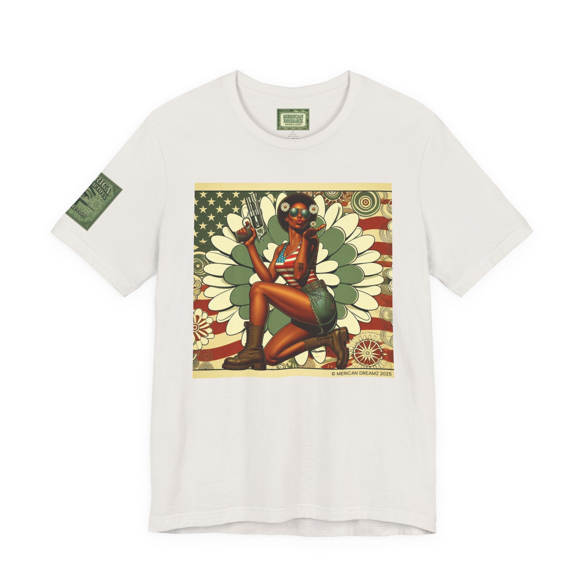 Graphic Short Sleeve Tee front and back — Retro Americana Pin-Up Cowgirls with .44 Magnum and AR-15