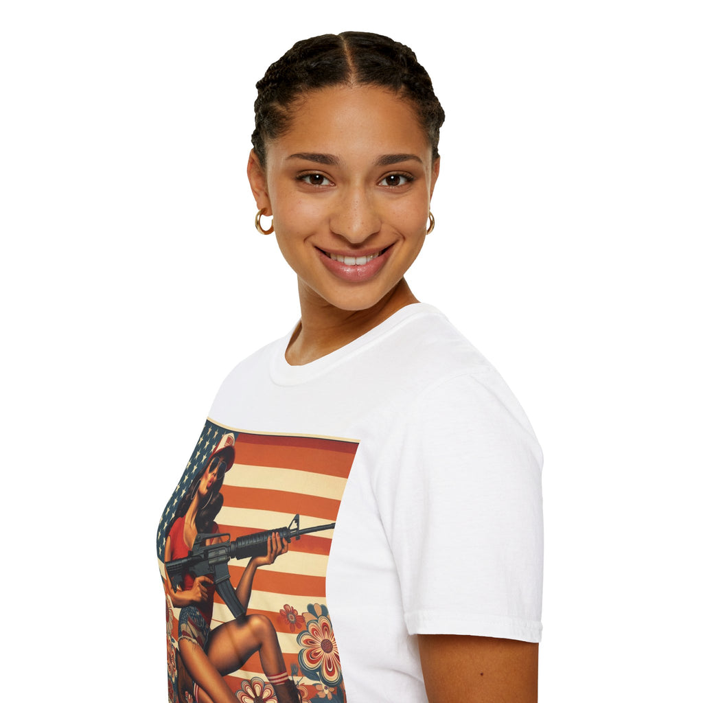 Graphic T-Shirt — Patriotic Pinup Girl with Rifle Vintage Flag Design (US Only)