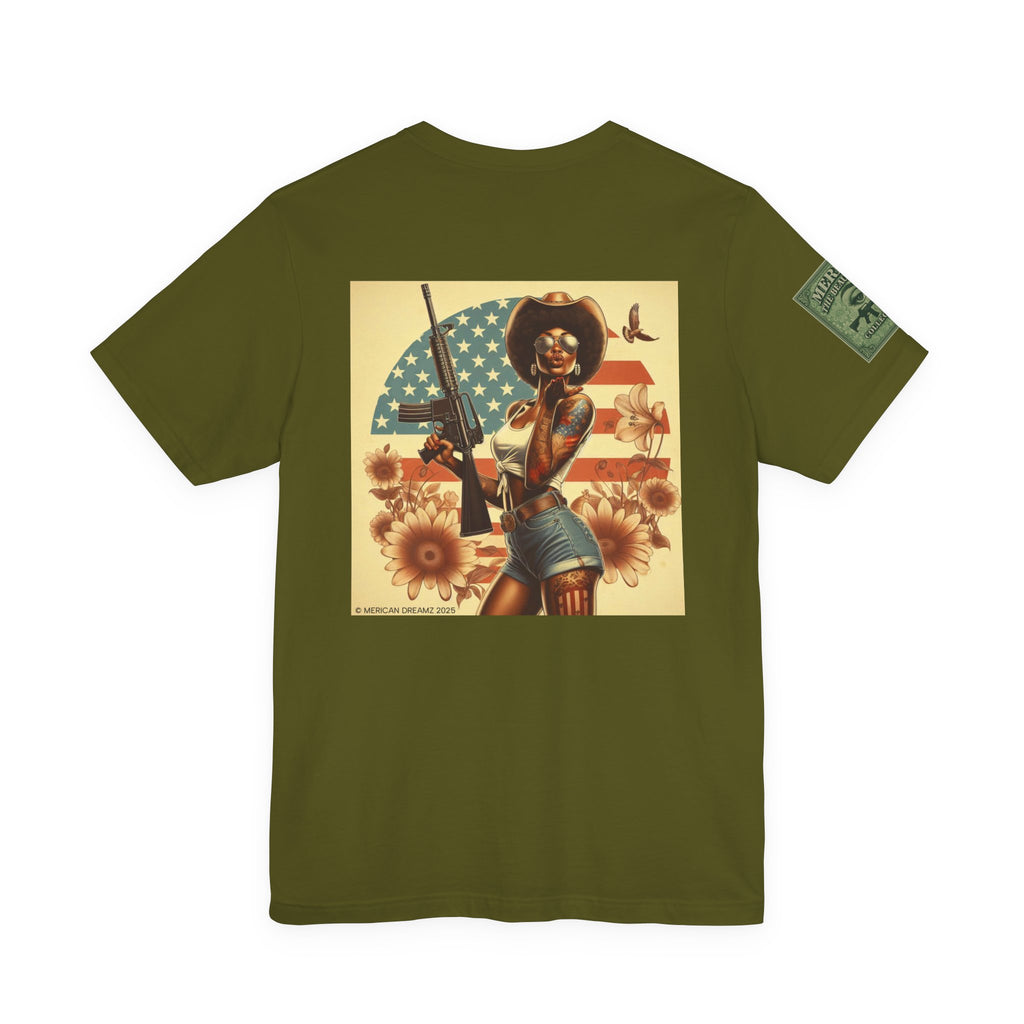 Graphic Short Sleeve Tee front and back — Retro Americana Pin-Up Cowgirls with .44 Magnum and AR-15