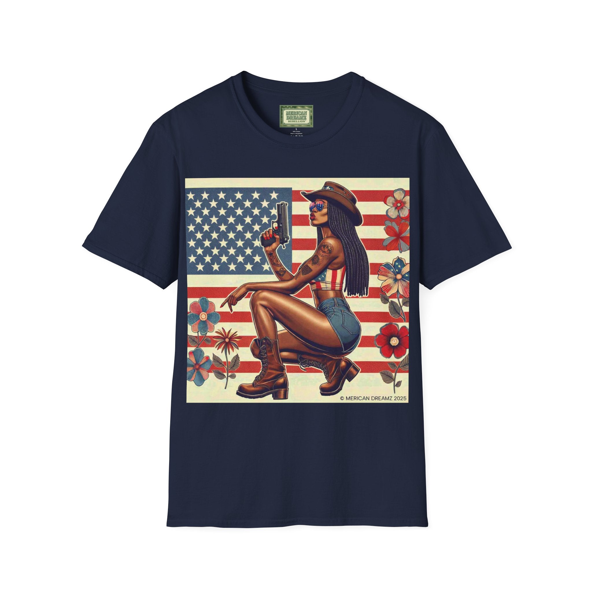 Pin-Up Americana T-Shirt — Retro Floral Gun Cowgirl Vintage Style (US Only)