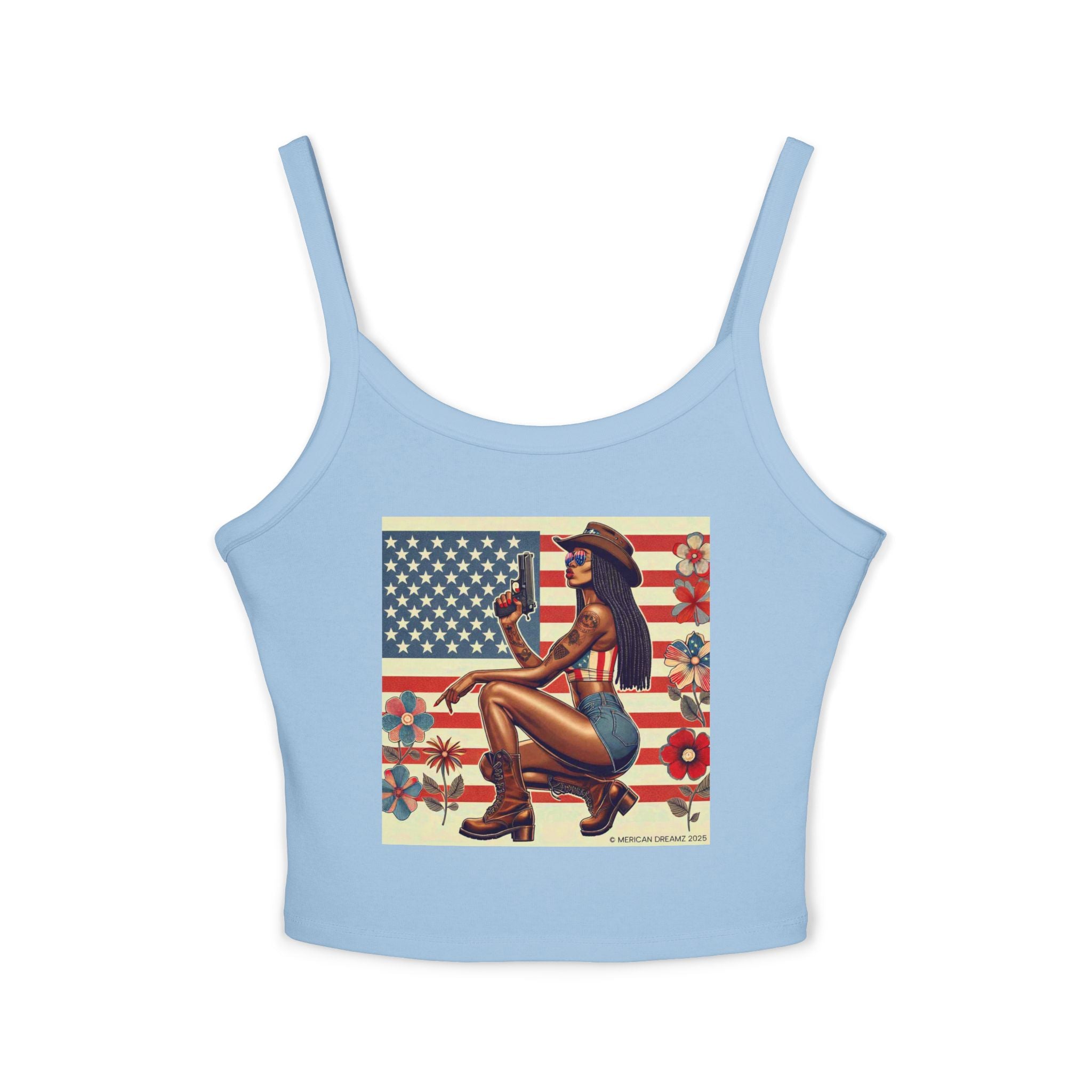 Retro Pinup Girl Tank Top — Vintage Flag & Floral Spaghetti Strap