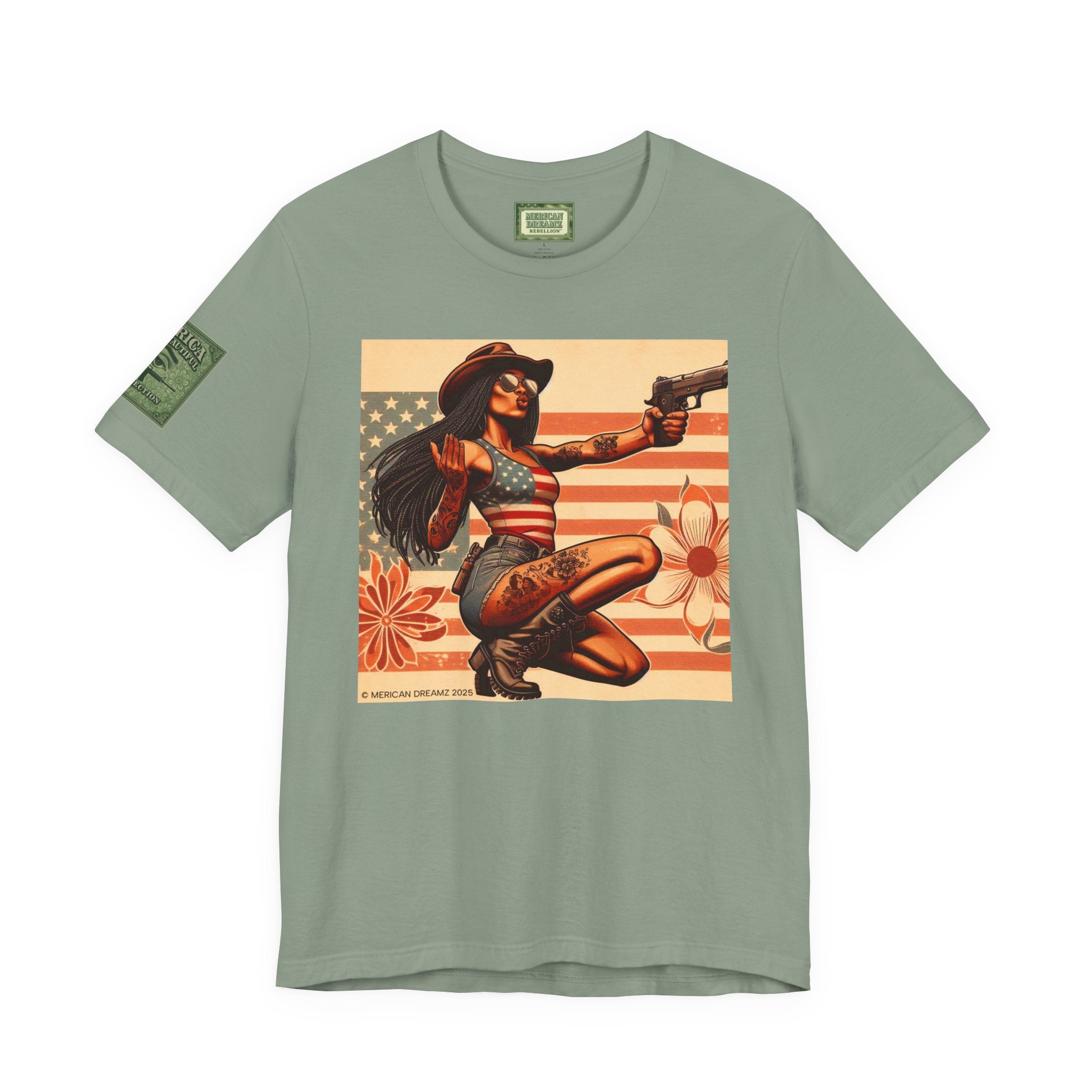 Graphic Short Sleeve Tee front and back — Retro Americana Pin-Up Cowgirls with 9mm Pistols