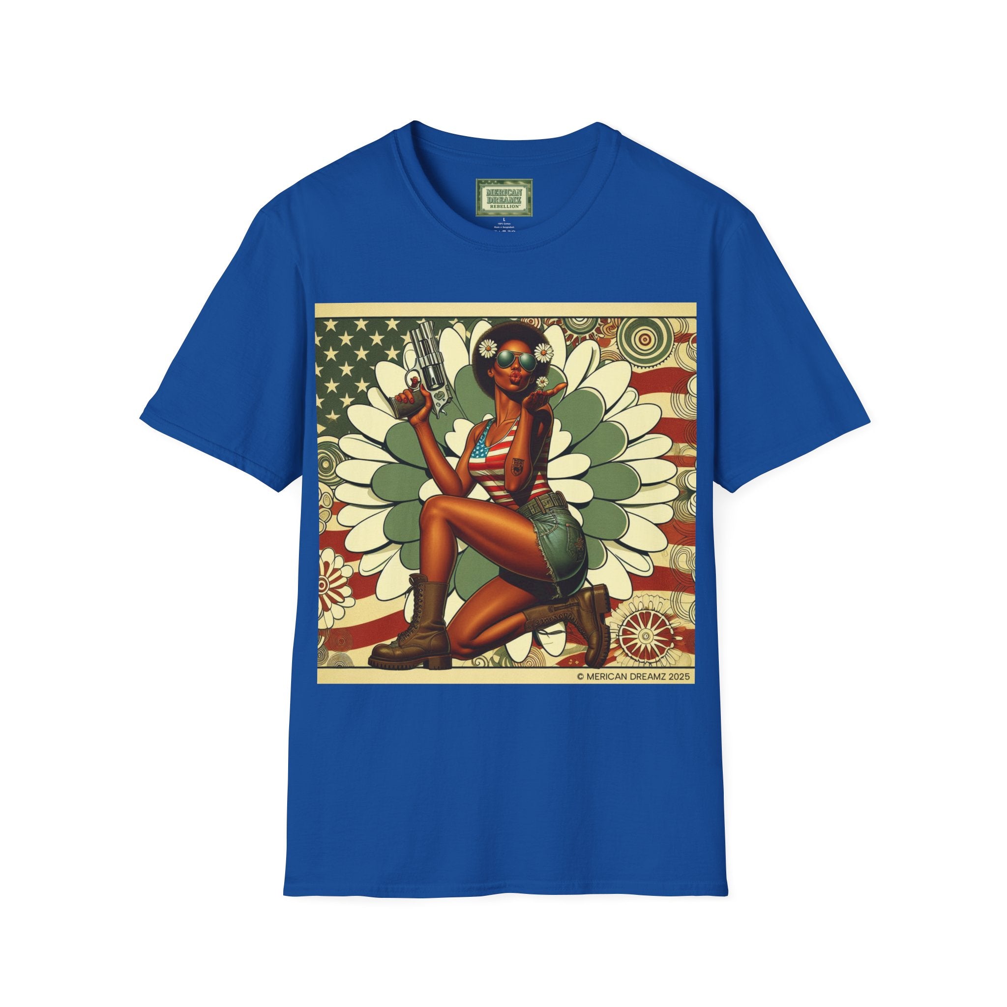 Graphic T-Shirt — Patriotic Pinup Girl with Pistol Vintage Flag Design (US Only)