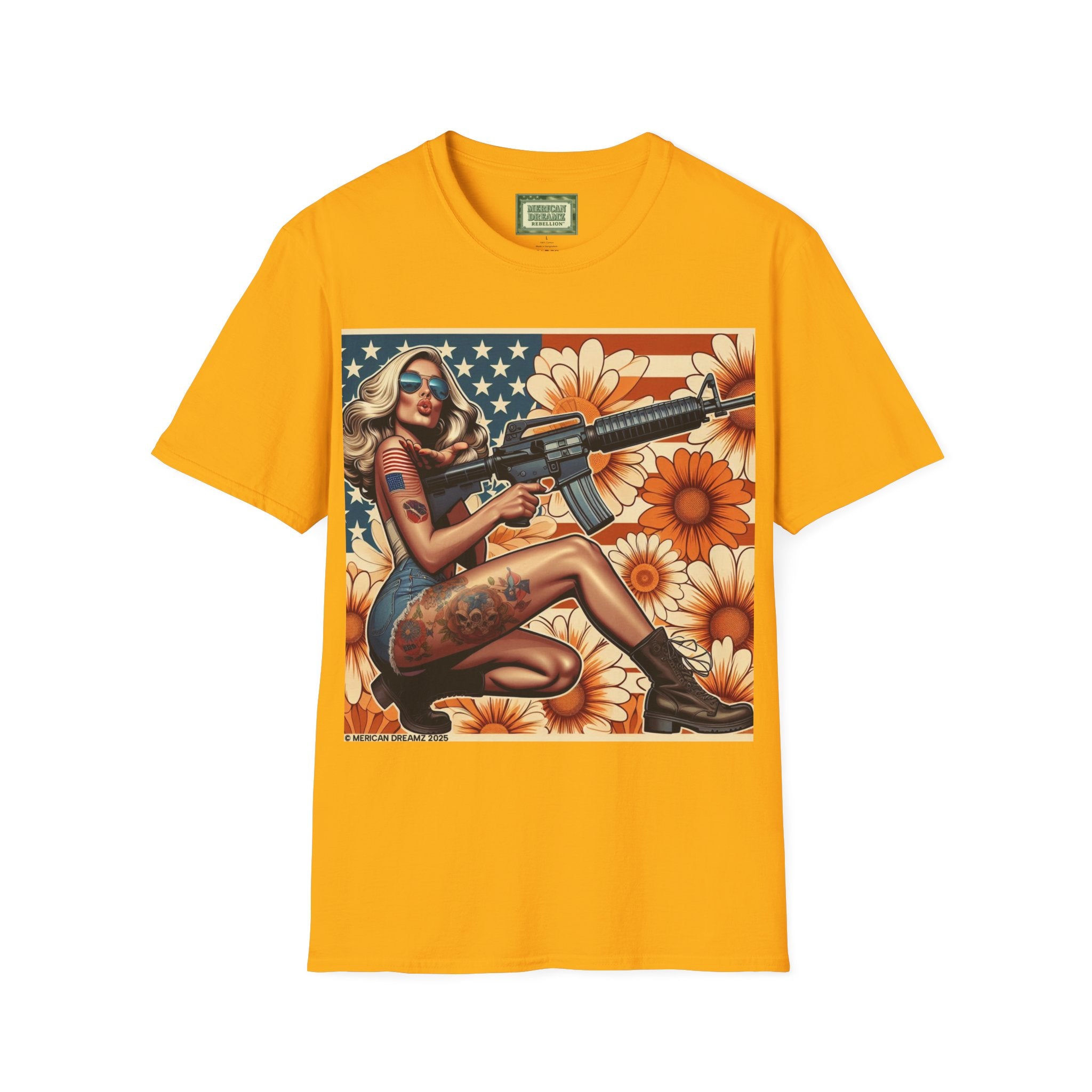 Graphic T-Shirt — Patriotic Pinup Girl with Rifle Vintage Flag Design (US Only)