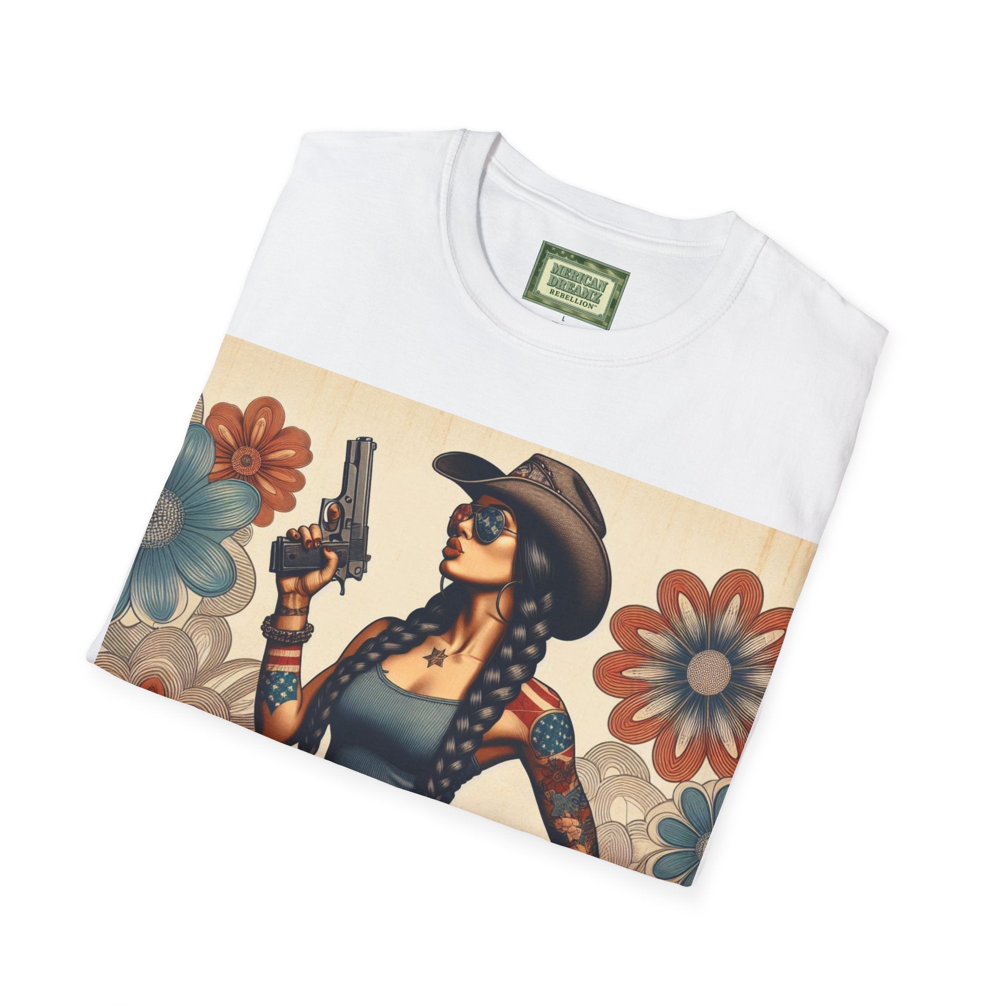 Pin-Up Americana T-Shirt — Retro Floral Gun Cowgirl Vintage Style (US Only)
