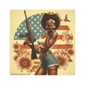 Car Magnet Patriotic Americana Cowgirl with Rifle | Square American Flag Vintage Floral