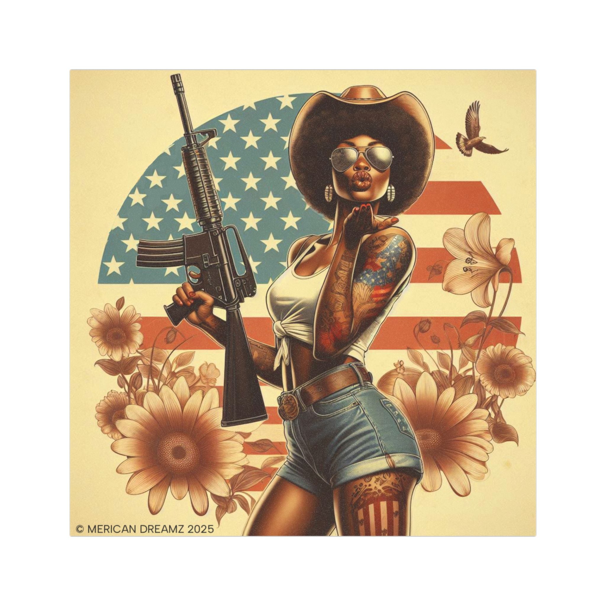 Car Magnet Patriotic Americana Cowgirl with Rifle | Square American Flag Vintage Floral