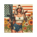 Car Magnet Patriotic Americana Cowgirl with Rifle | Square American Flag Vintage Floral