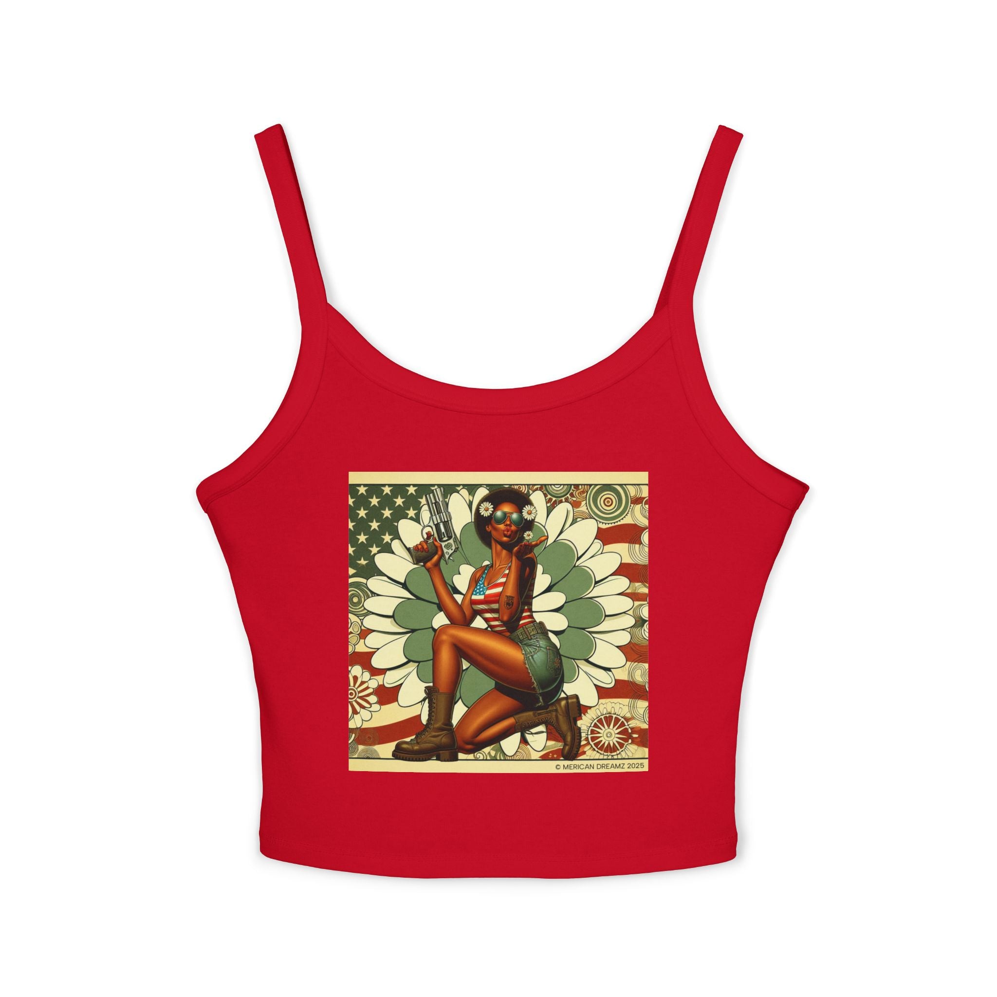 Retro Pinup Girl Tank Top — Vintage Flag & Floral Spaghetti Strap
