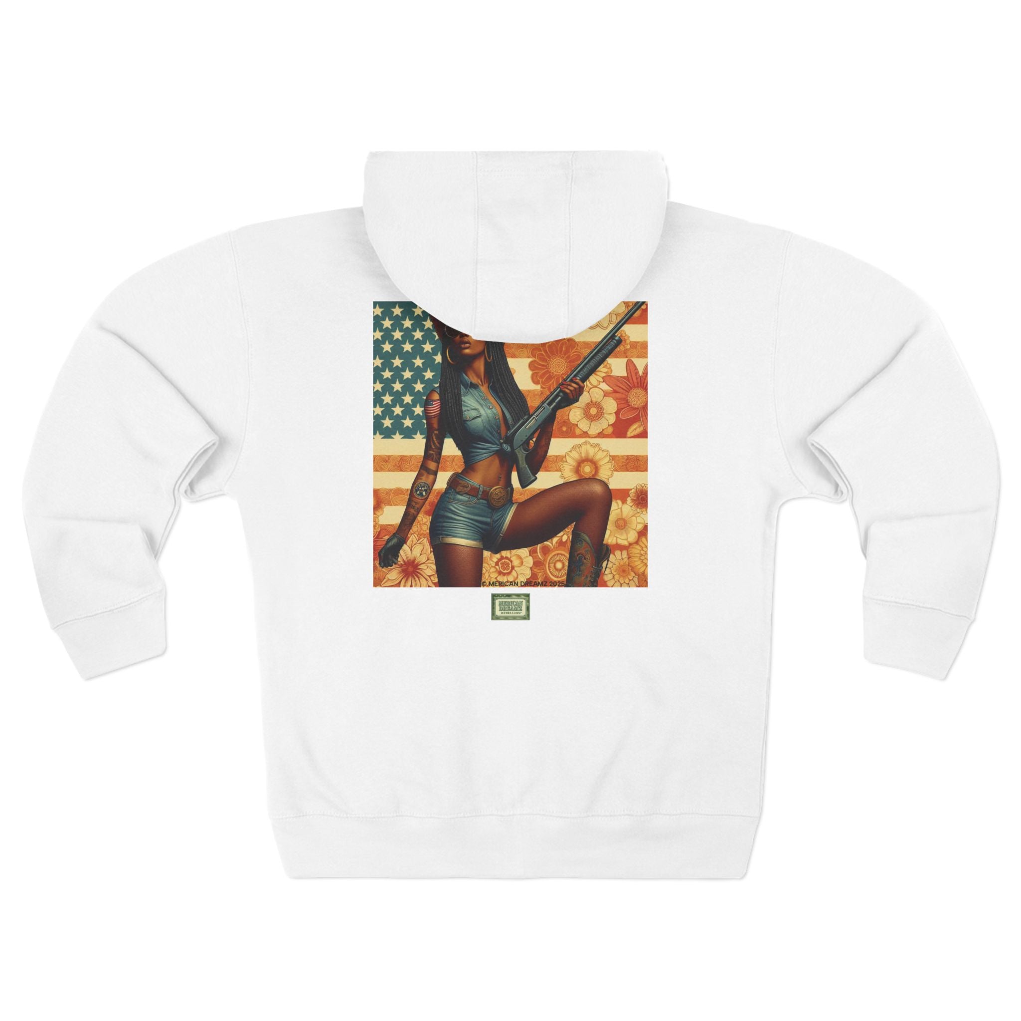 Americana Pinup Cowgirl with Shotgun Zip Hoodie — Retro Vintage Patriotic Graphic