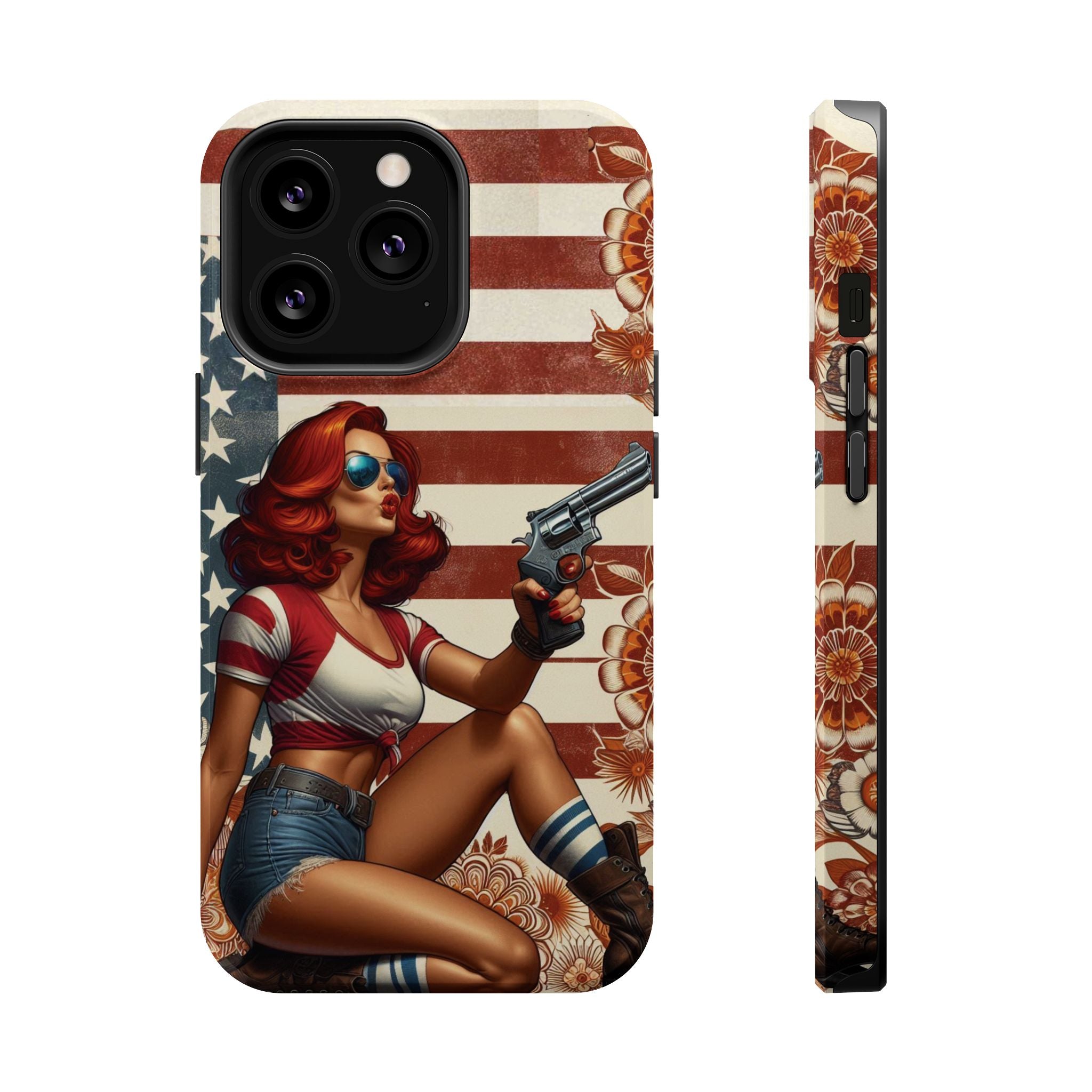 Americana .44 Magnum Pinup Girl - Magnetic Impact‑Resistant Phone Case  iPhone 13-17 / Samsung S26  MagSafe Compatible