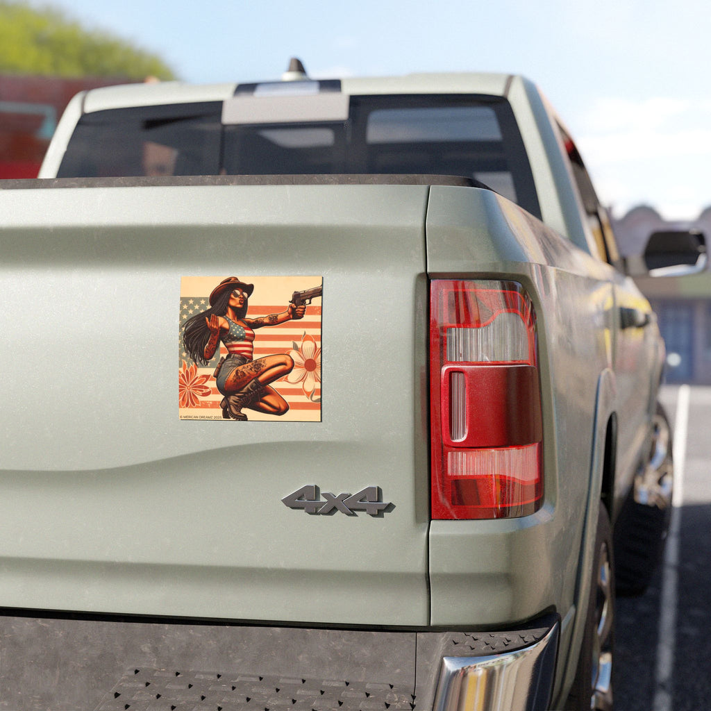Car Magnet Patriotic Americana Cowgirl with Pistol | Square American Flag Vintage Floral