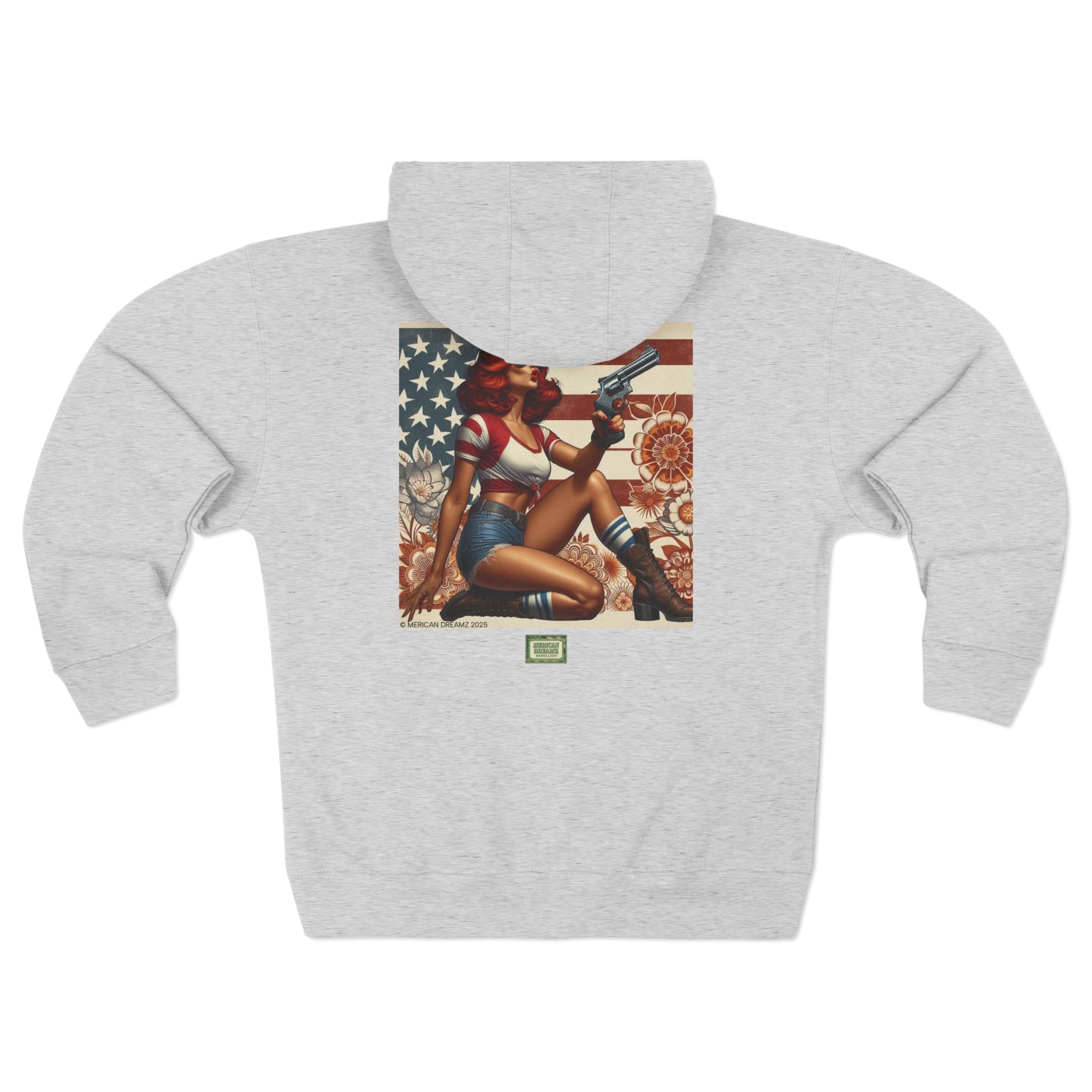 Americana Pinup Cowgirl with 44 Magnum Zip Hoodie — Retro Vintage Patriotic Graphic