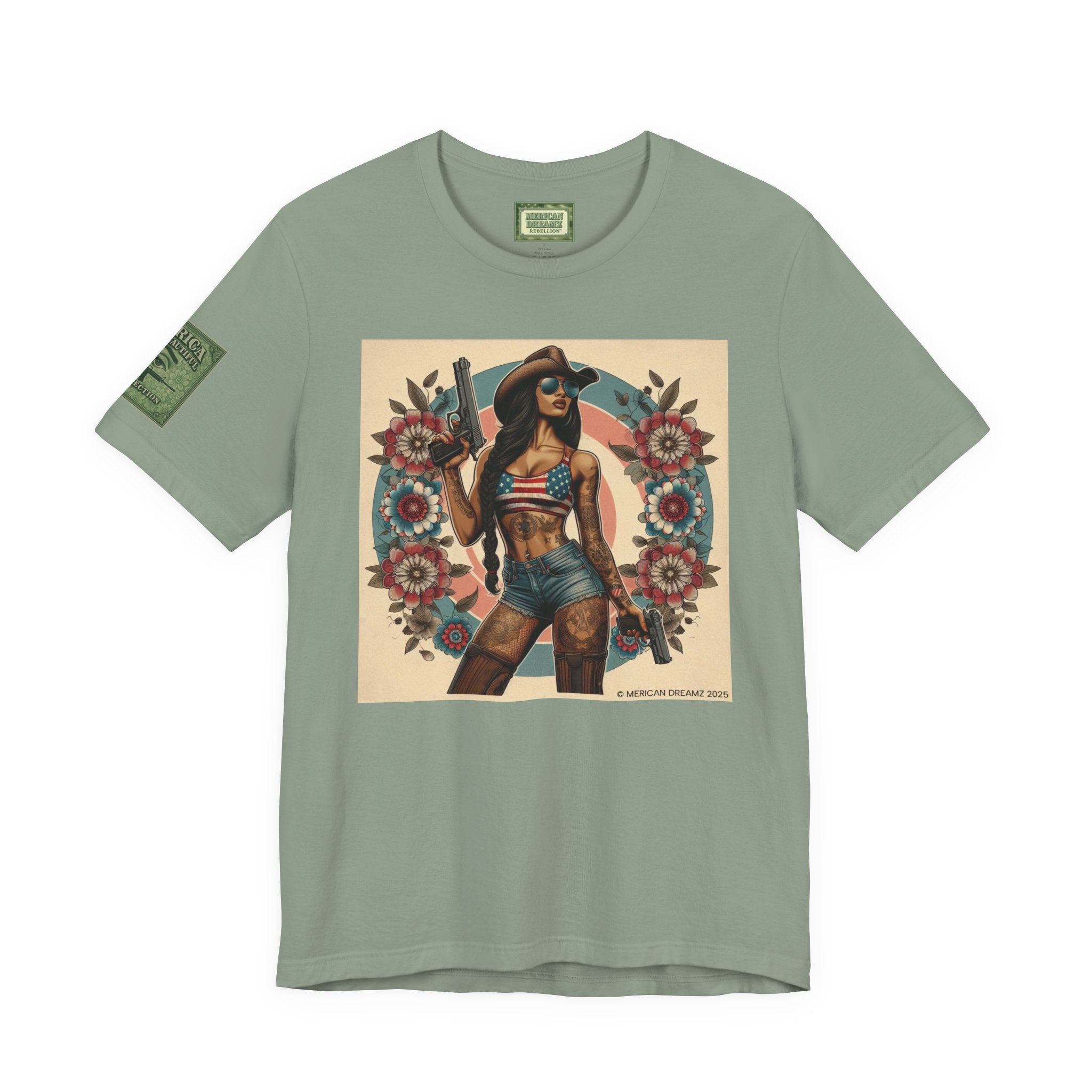 Graphic Short Sleeve Tee front and back — Retro Americana Pin-Up Cowgirls with 9mm Pistols