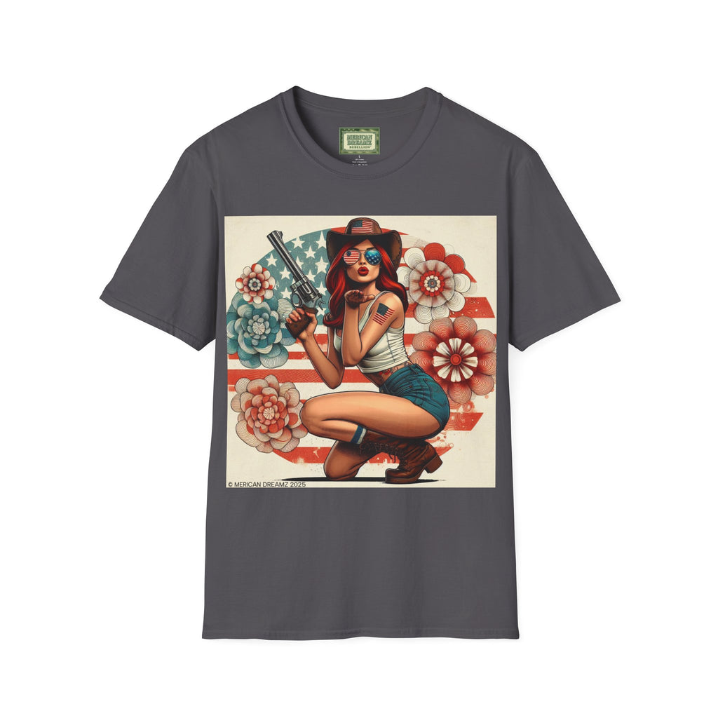 Pin-Up Americana T-Shirt — Retro Floral Gun Cowgirl Vintage Style (US Only)