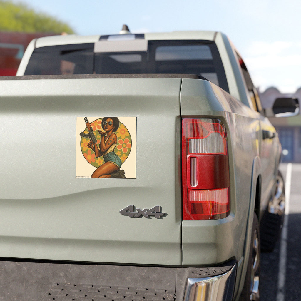 Car Magnet Patriotic Americana Cowgirl with Rifle | Square American Flag Vintage Floral