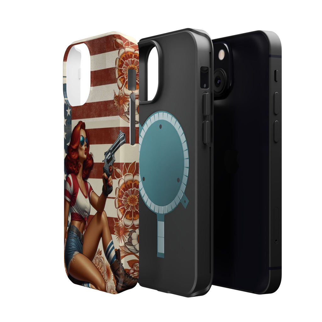 Americana .44 Magnum Pinup Girl - Magnetic Impact‑Resistant Phone Case  iPhone 13-17 / Samsung S26  MagSafe Compatible