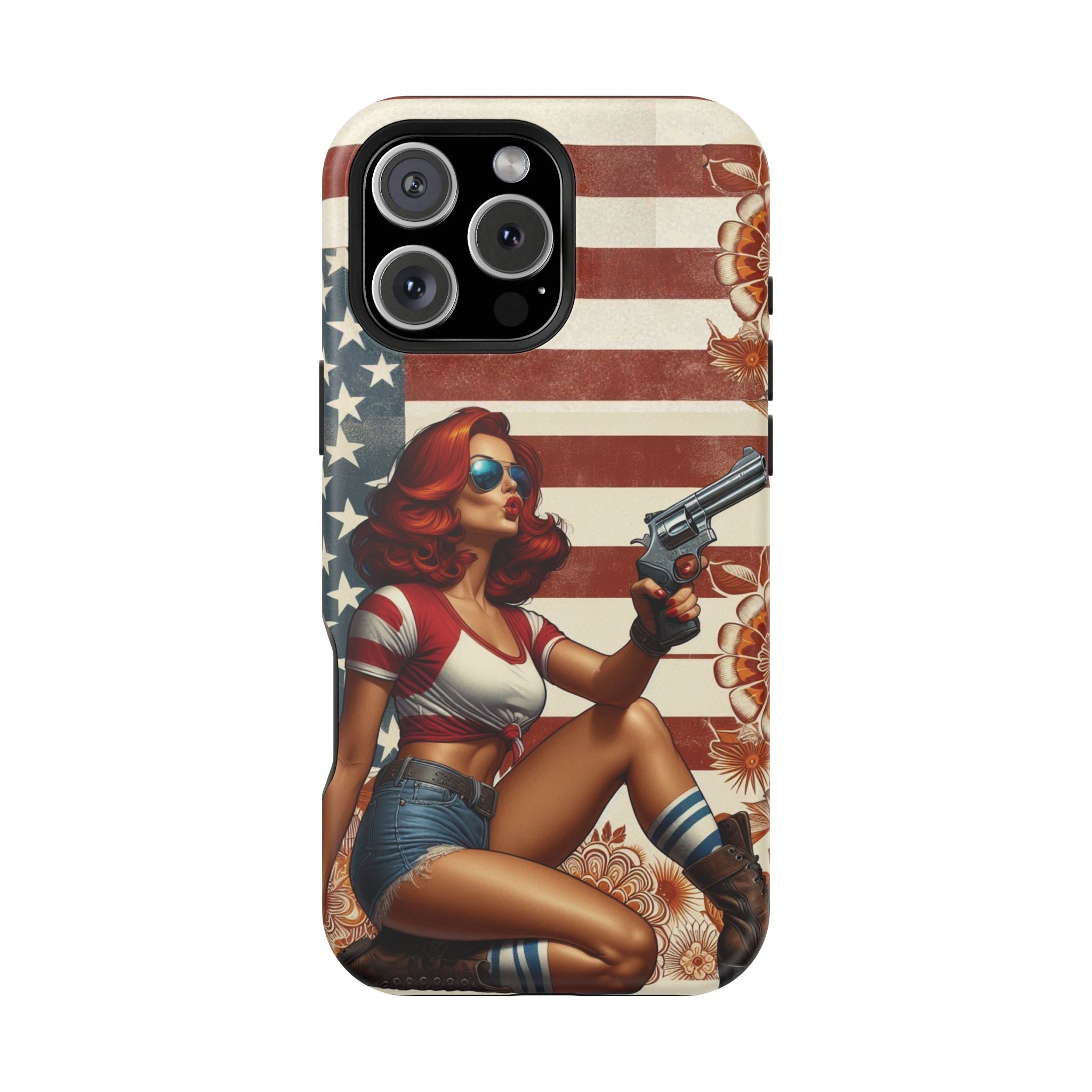 Americana .44 Magnum Pinup Girl - Magnetic Impact‑Resistant Phone Case  iPhone 13-17 / Samsung S26  MagSafe Compatible