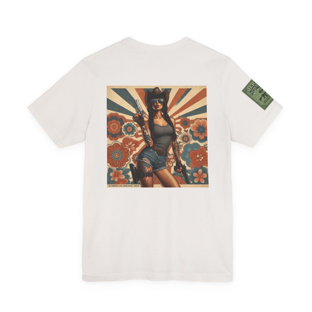 Graphic Short Sleeve Tee front and back — Retro Americana Pin-Up Cowgirls with 9mm Pistols