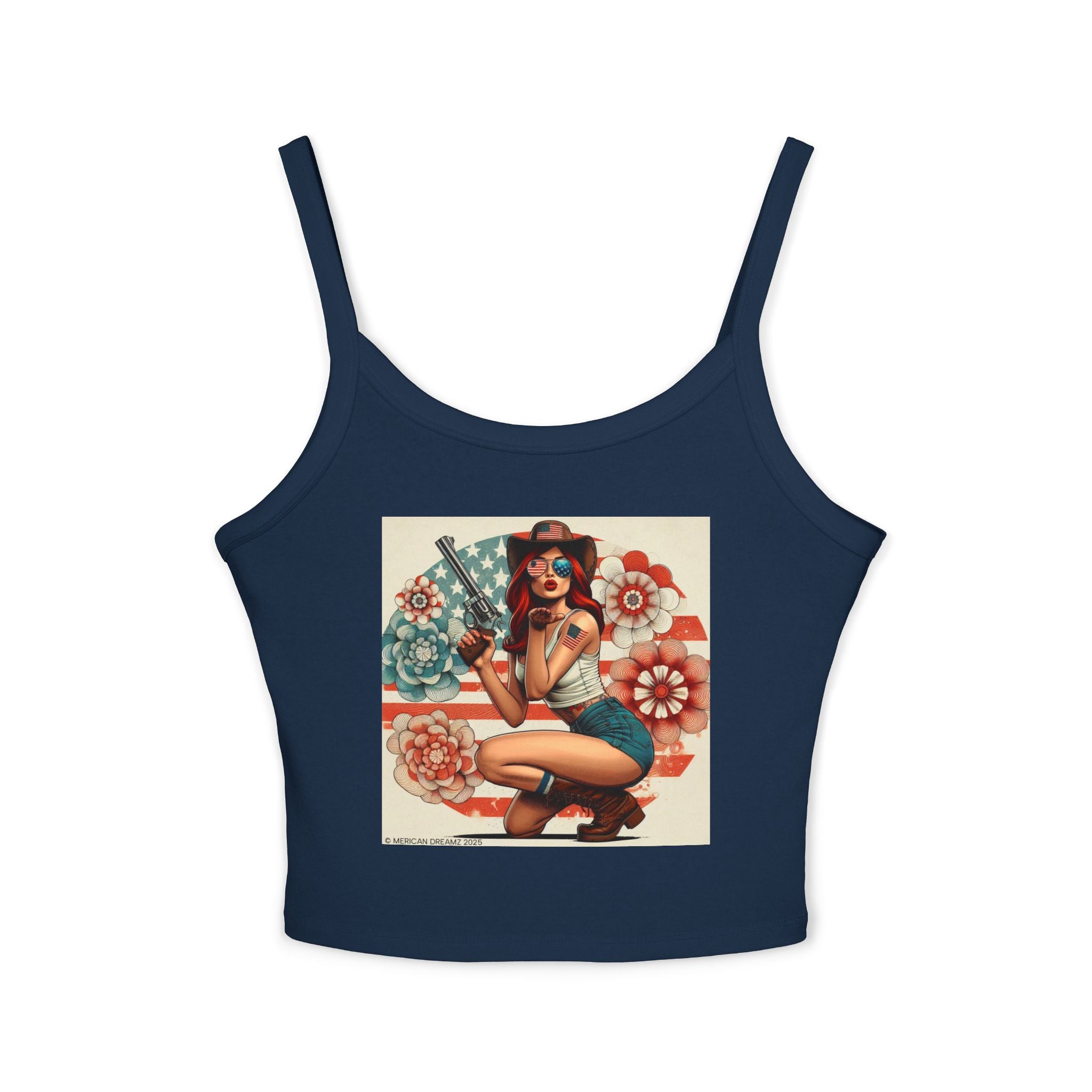 Retro Pinup Girl Tank Top — Vintage Flag & Floral Spaghetti Strap