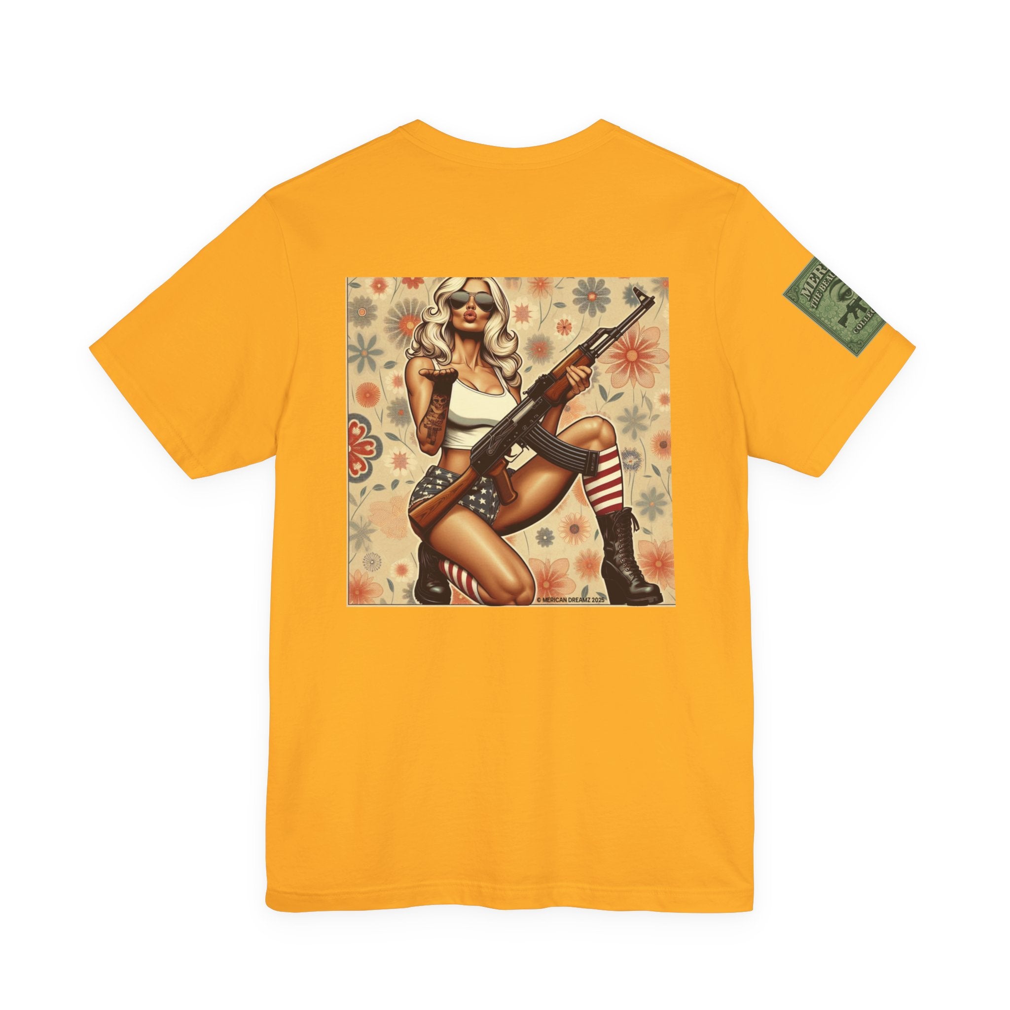 Graphic Short Sleeve Tee front and back — Retro Americana Pin-Up Girls with AK-47 Rifles