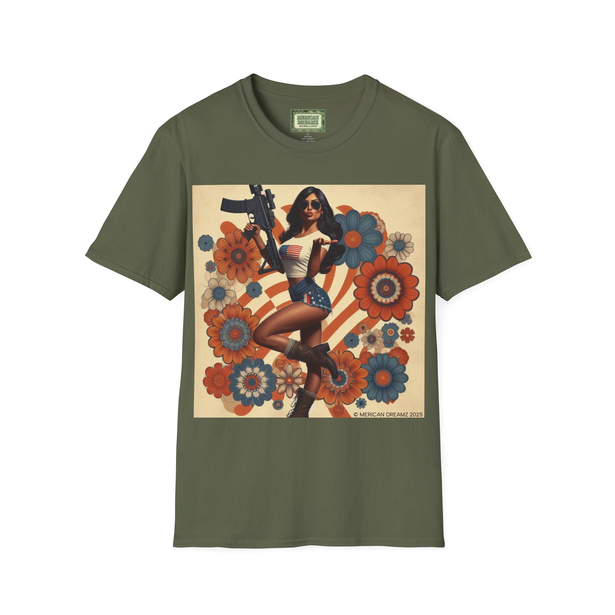 Graphic T-Shirt — Patriotic Pinup Girl with Rifle Vintage Flag Design (US Only)