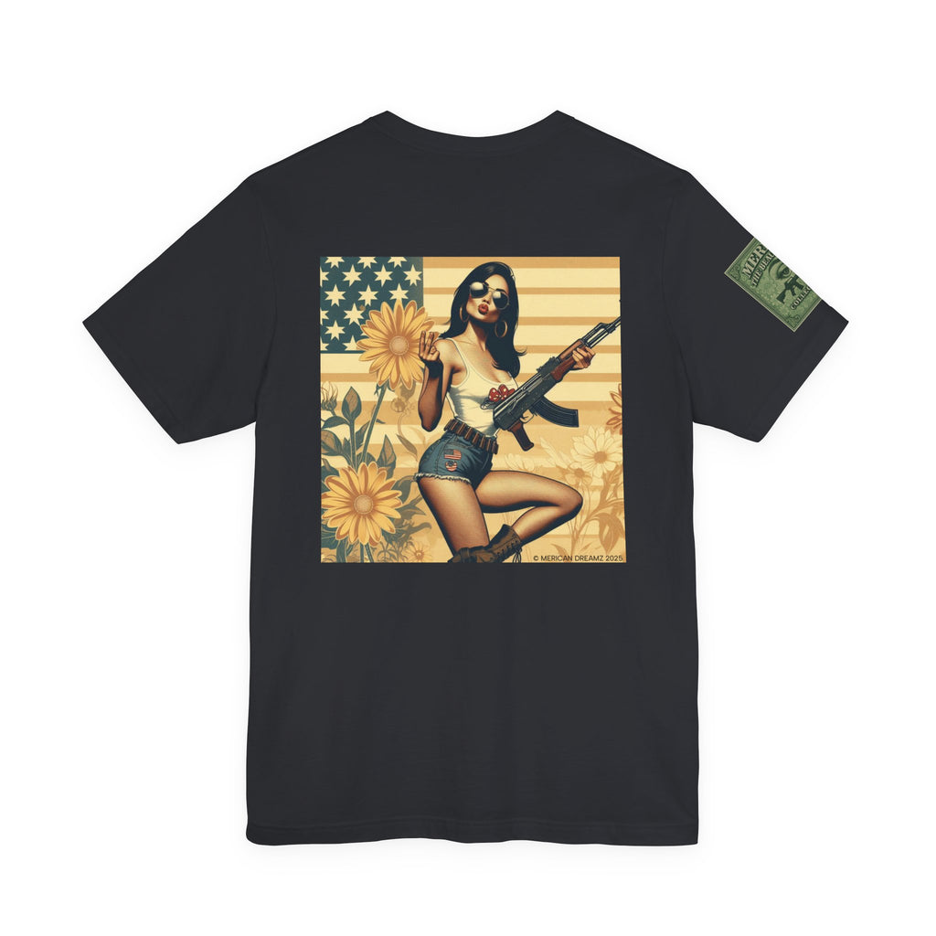Graphic Short Sleeve Tee front and back — Retro Americana Pin-Up Girls with AK-47 Rifles