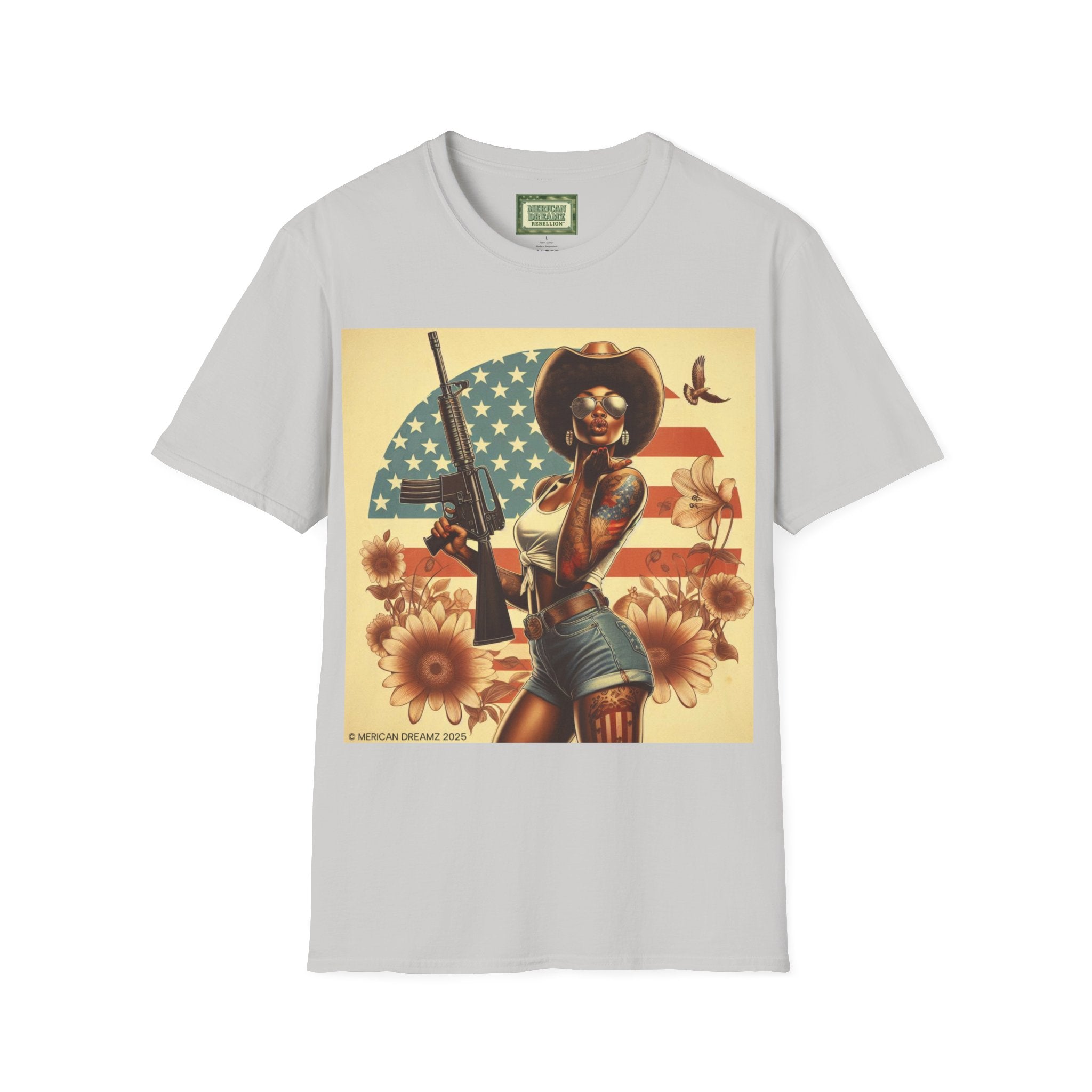 Pin-Up Americana T-Shirt — Retro Floral Gun Cowgirl Vintage Style (US Only)
